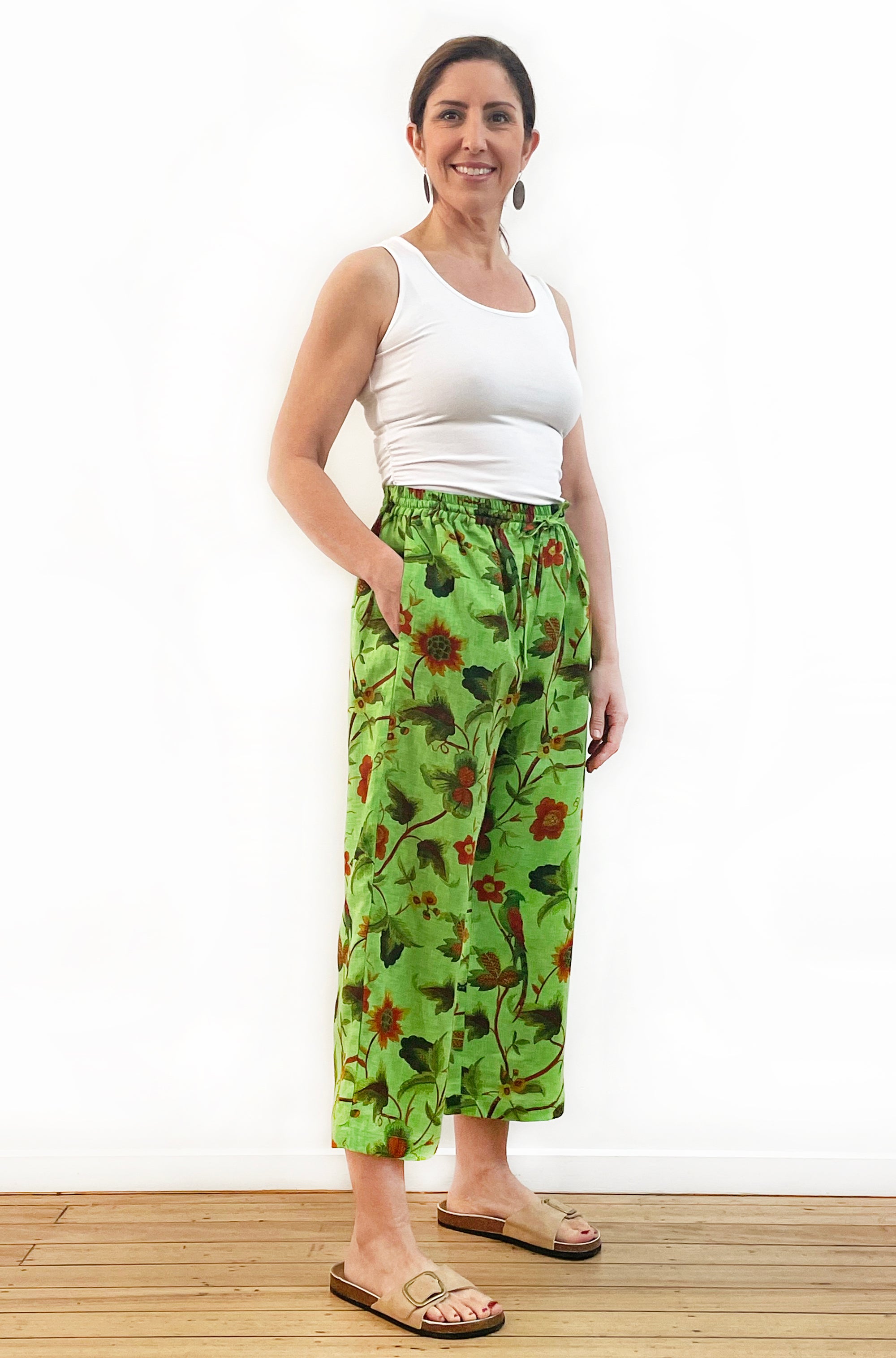 LINEN CROPPED WIDE LEG PANT GREEN PRINT