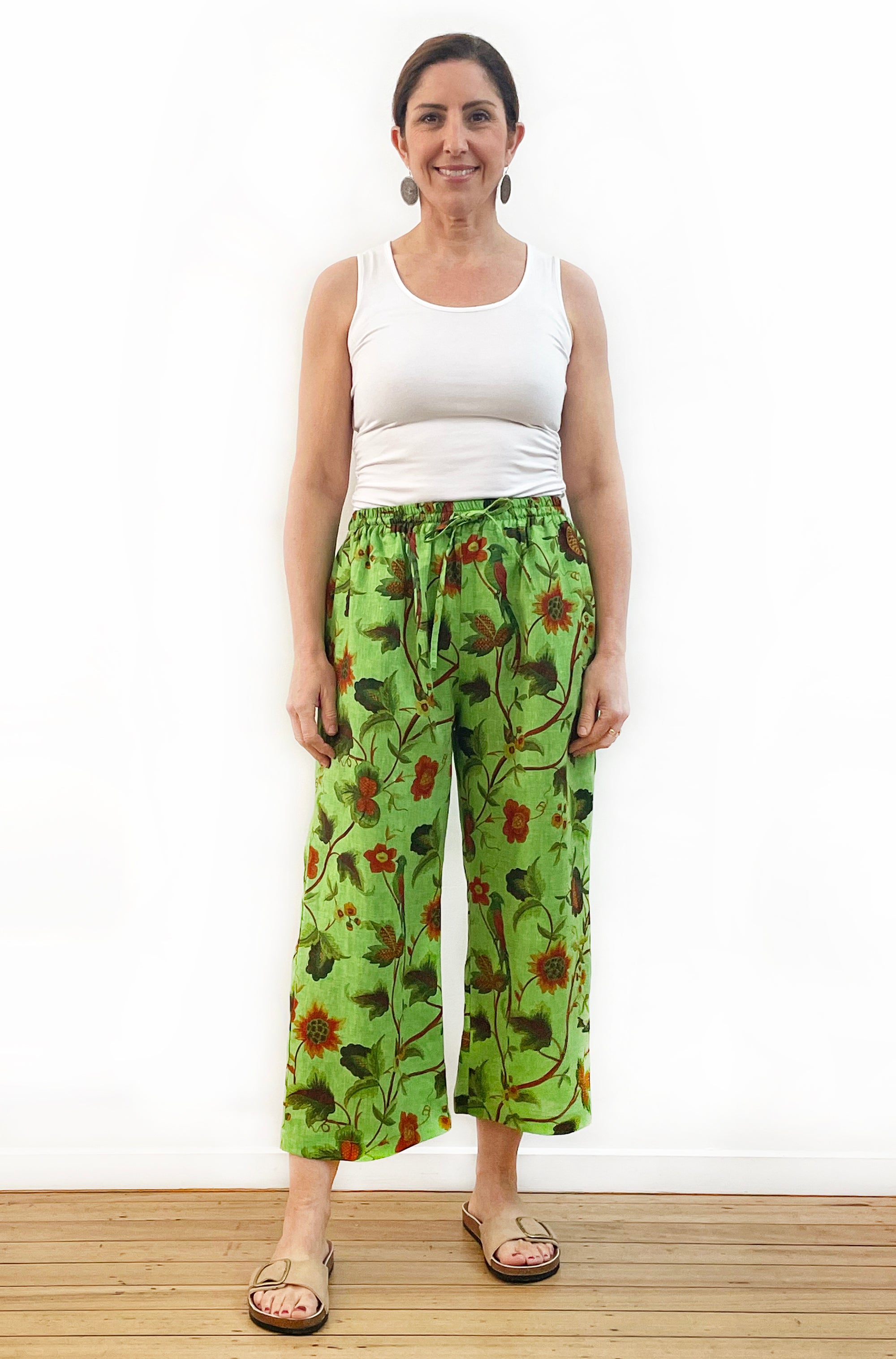 LINEN CROPPED WIDE LEG PANT GREEN PRINT