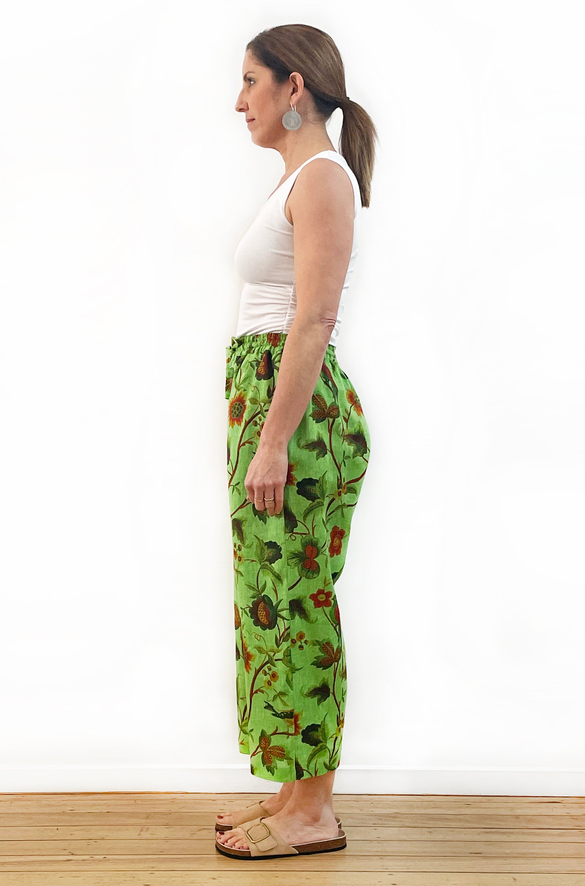 LINEN CROPPED WIDE LEG PANT GREEN PRINT