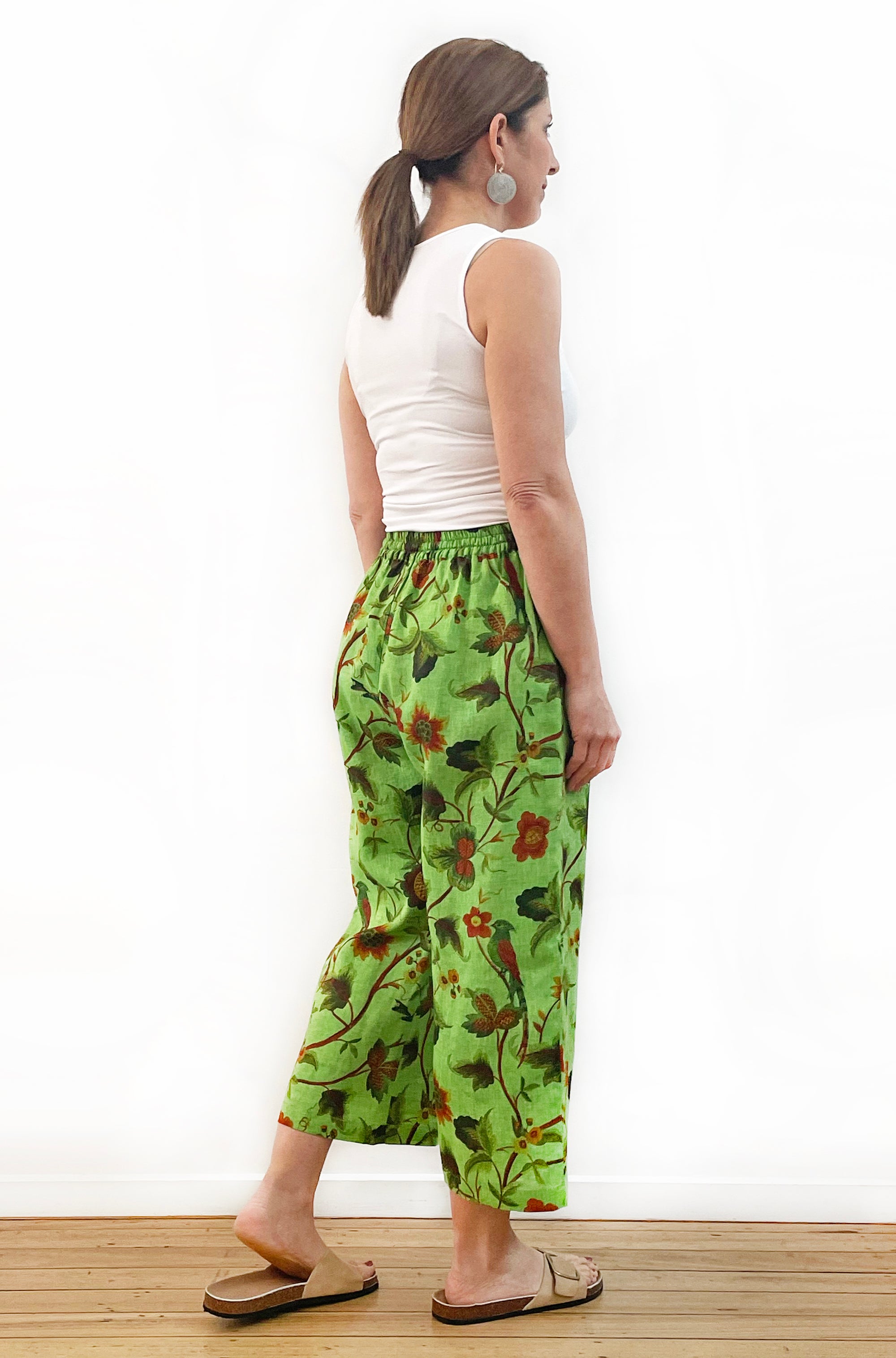 LINEN CROPPED WIDE LEG PANT GREEN PRINT