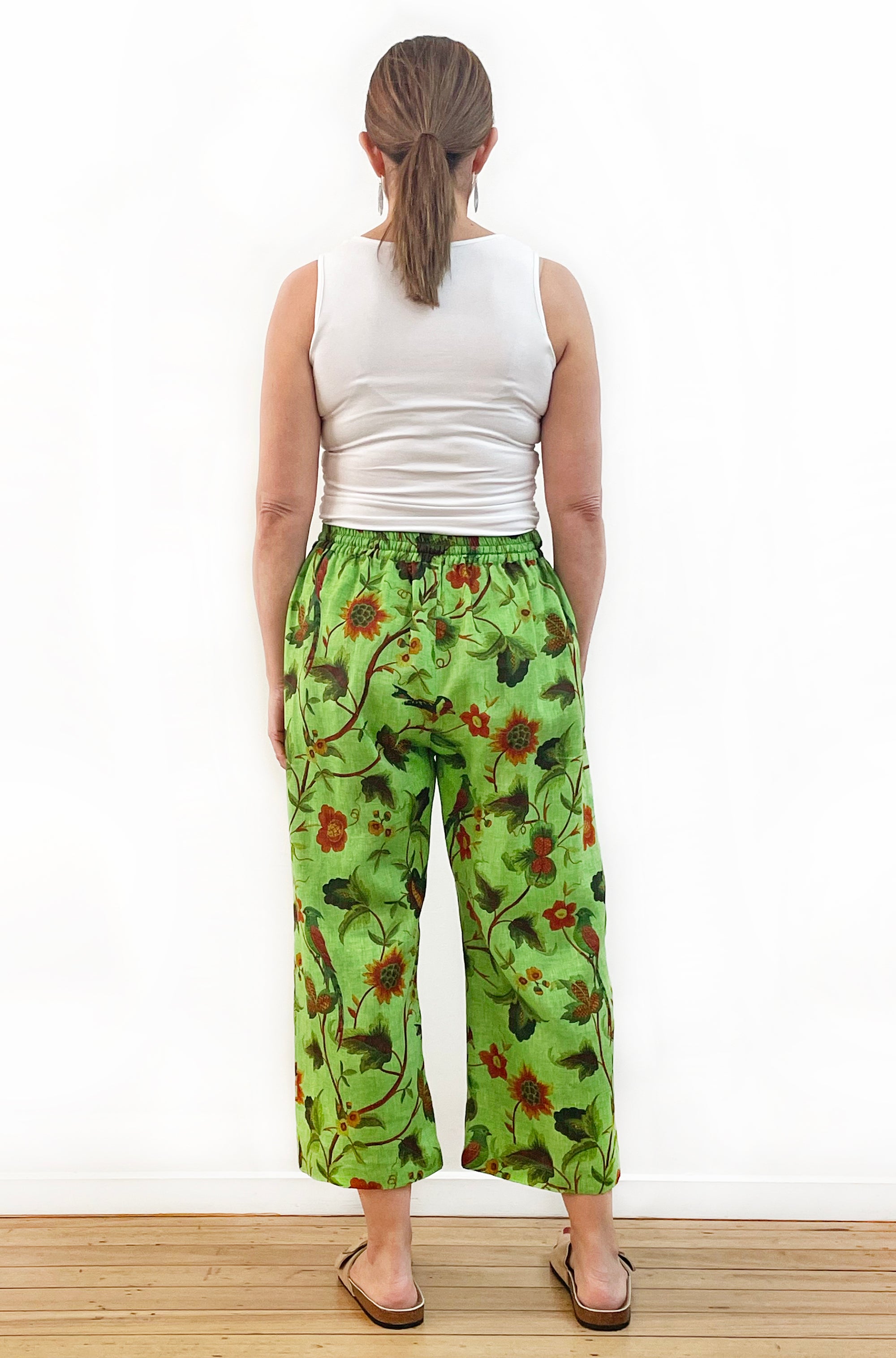 LINEN CROPPED WIDE LEG PANT GREEN PRINT