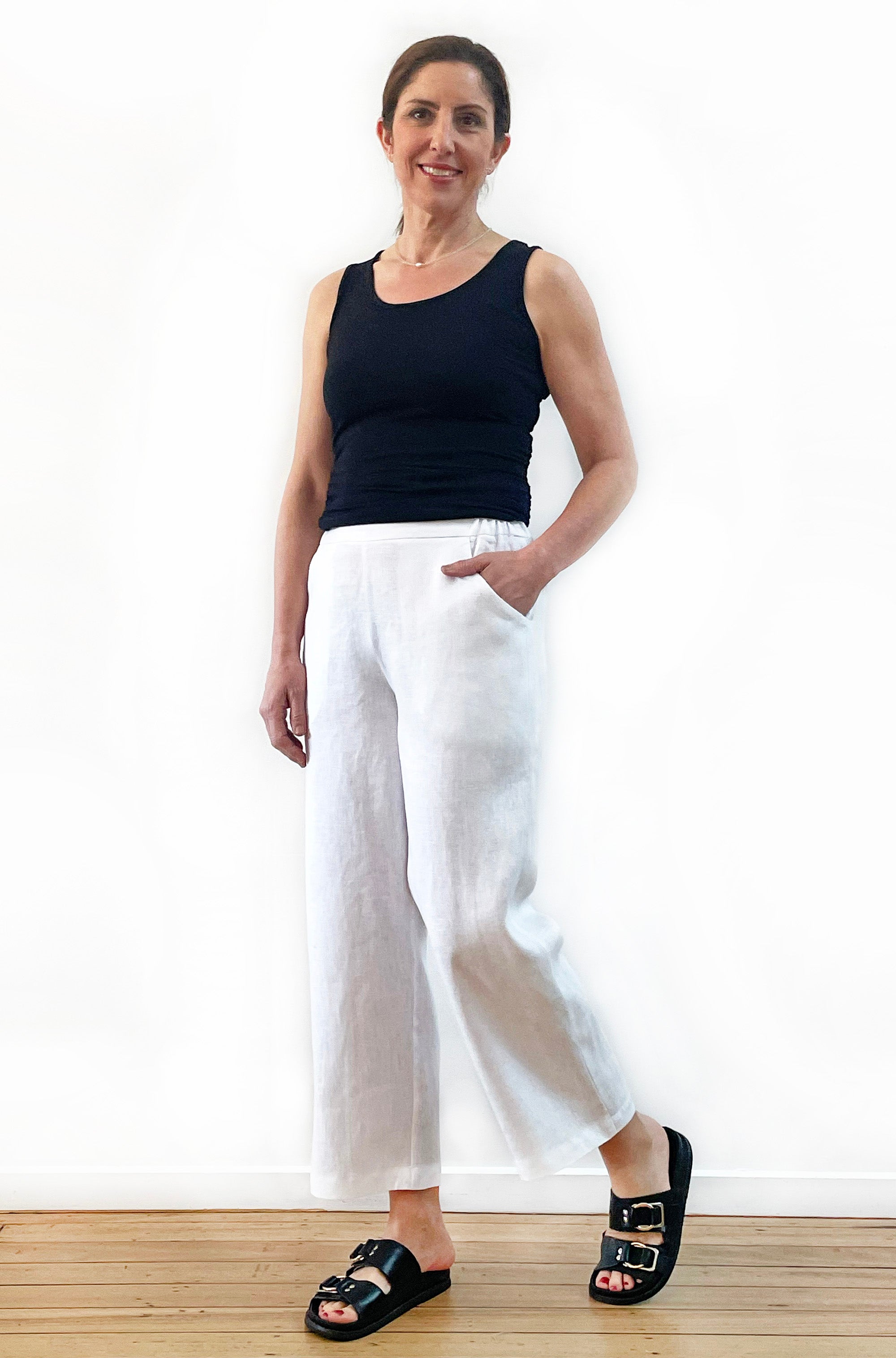 FLAT FRONT LINEN PANT WHITE