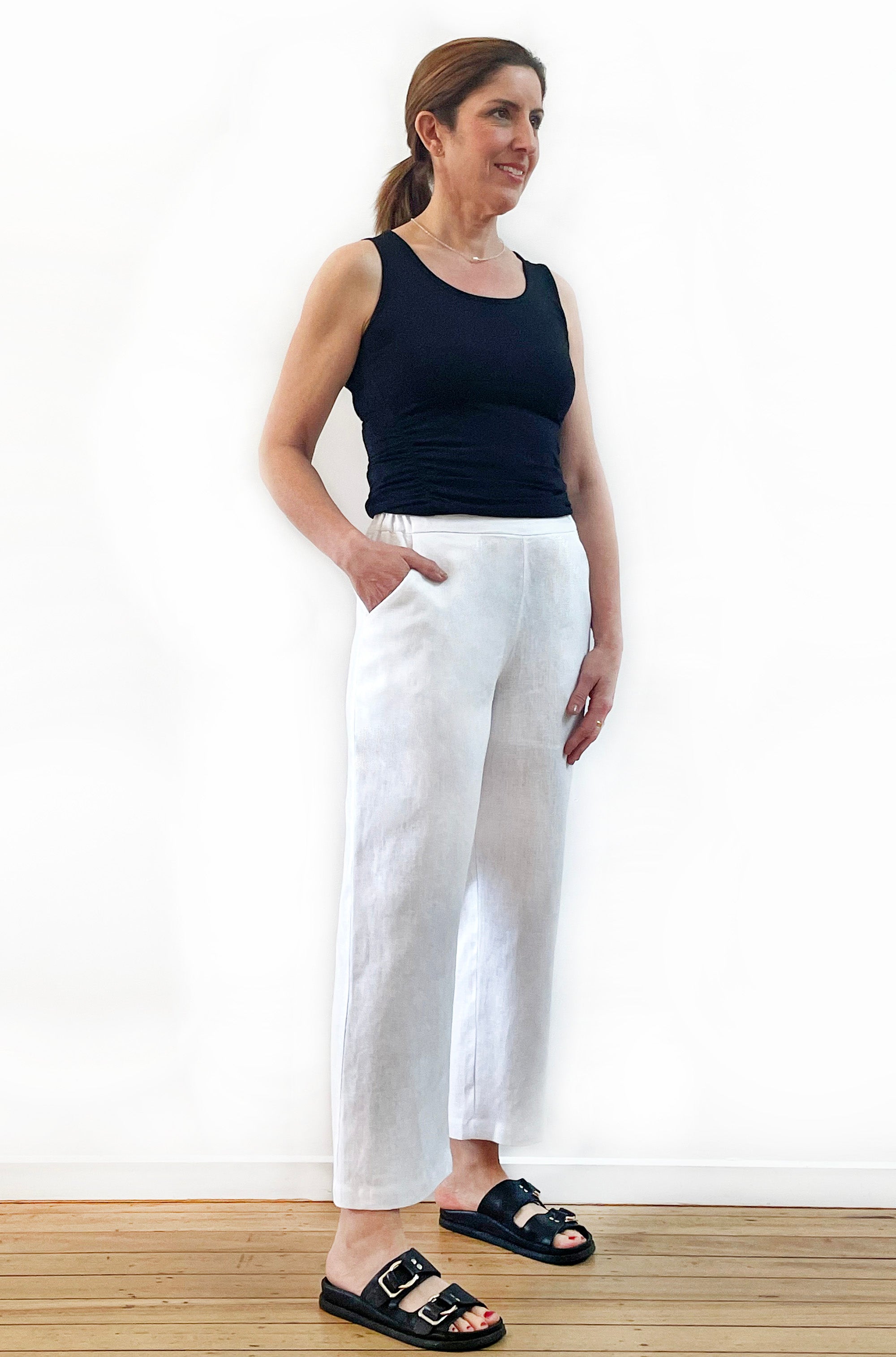 FLAT FRONT LINEN PANT WHITE