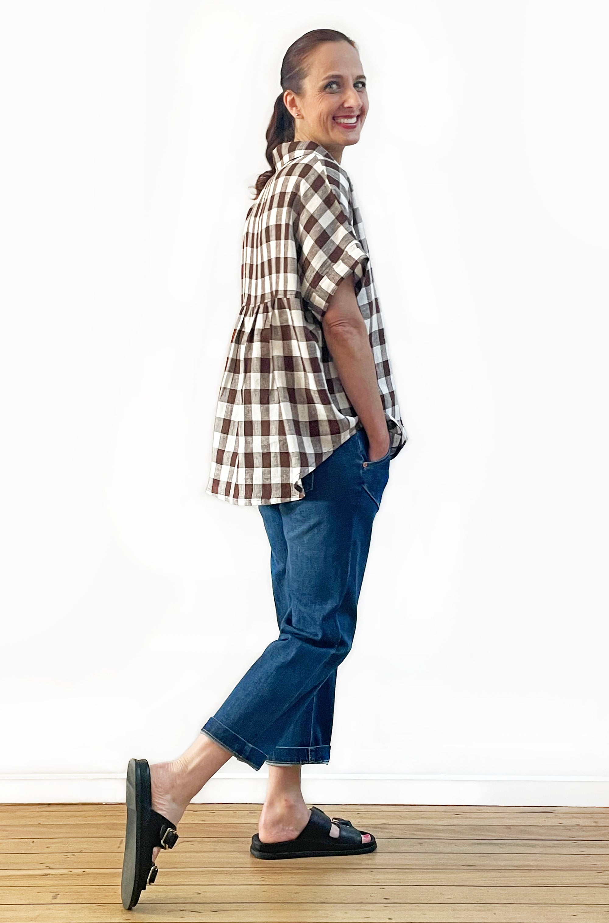 LINEN GATHERED BACK SHIRT CHECK