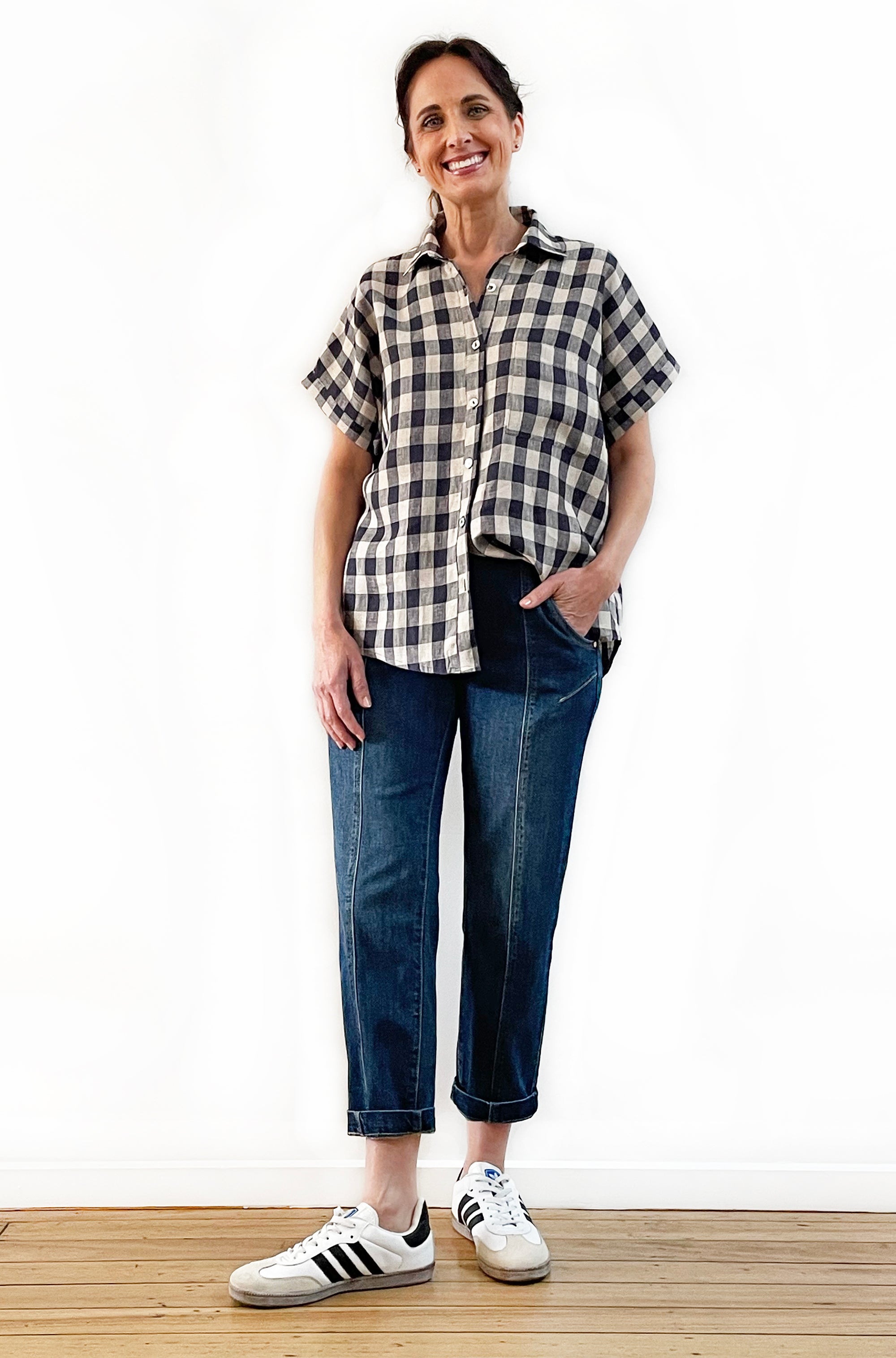 LINEN GATHERED BACK SHIRT GINGHAM