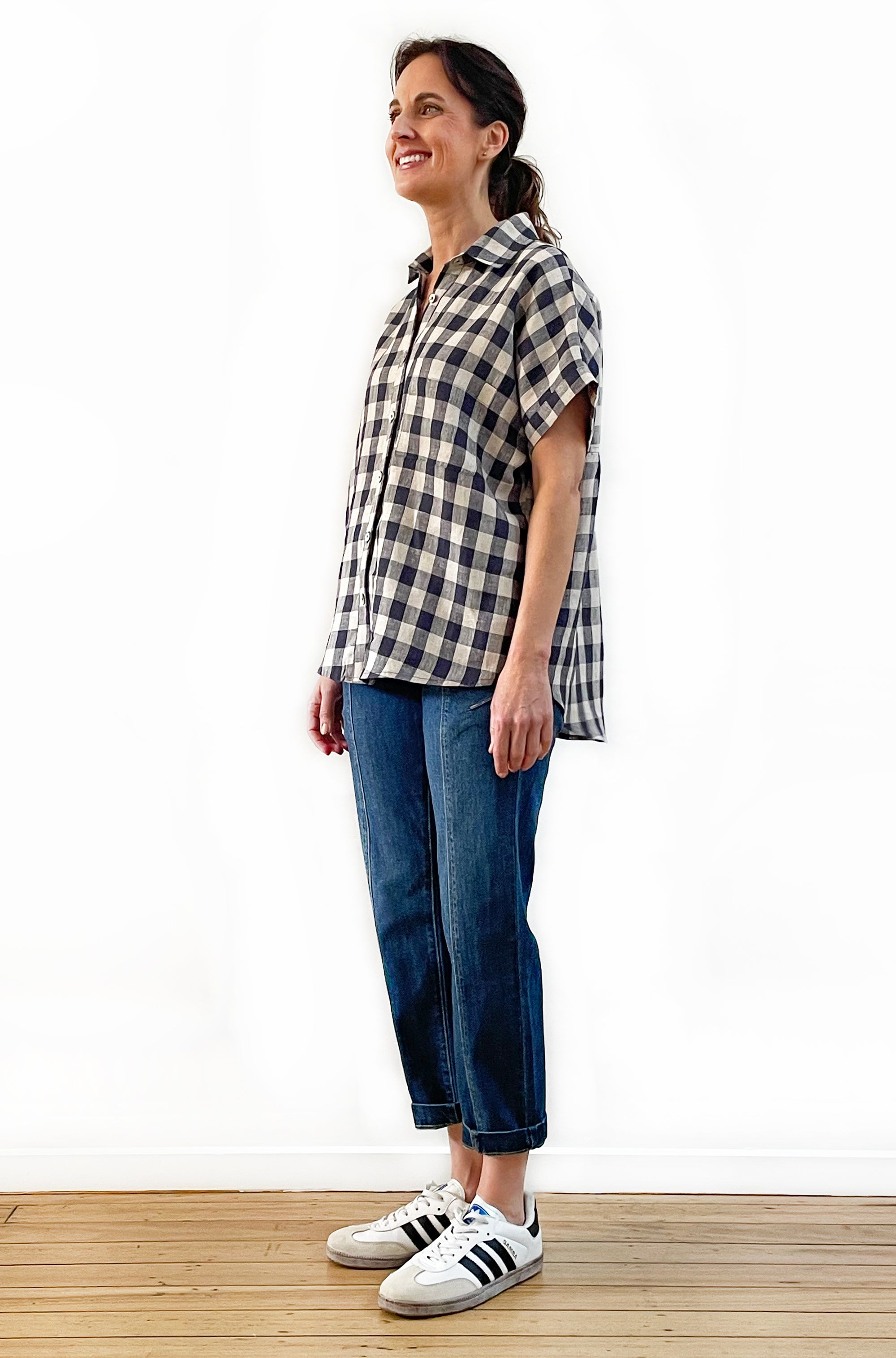 LINEN GATHERED BACK SHIRT GINGHAM