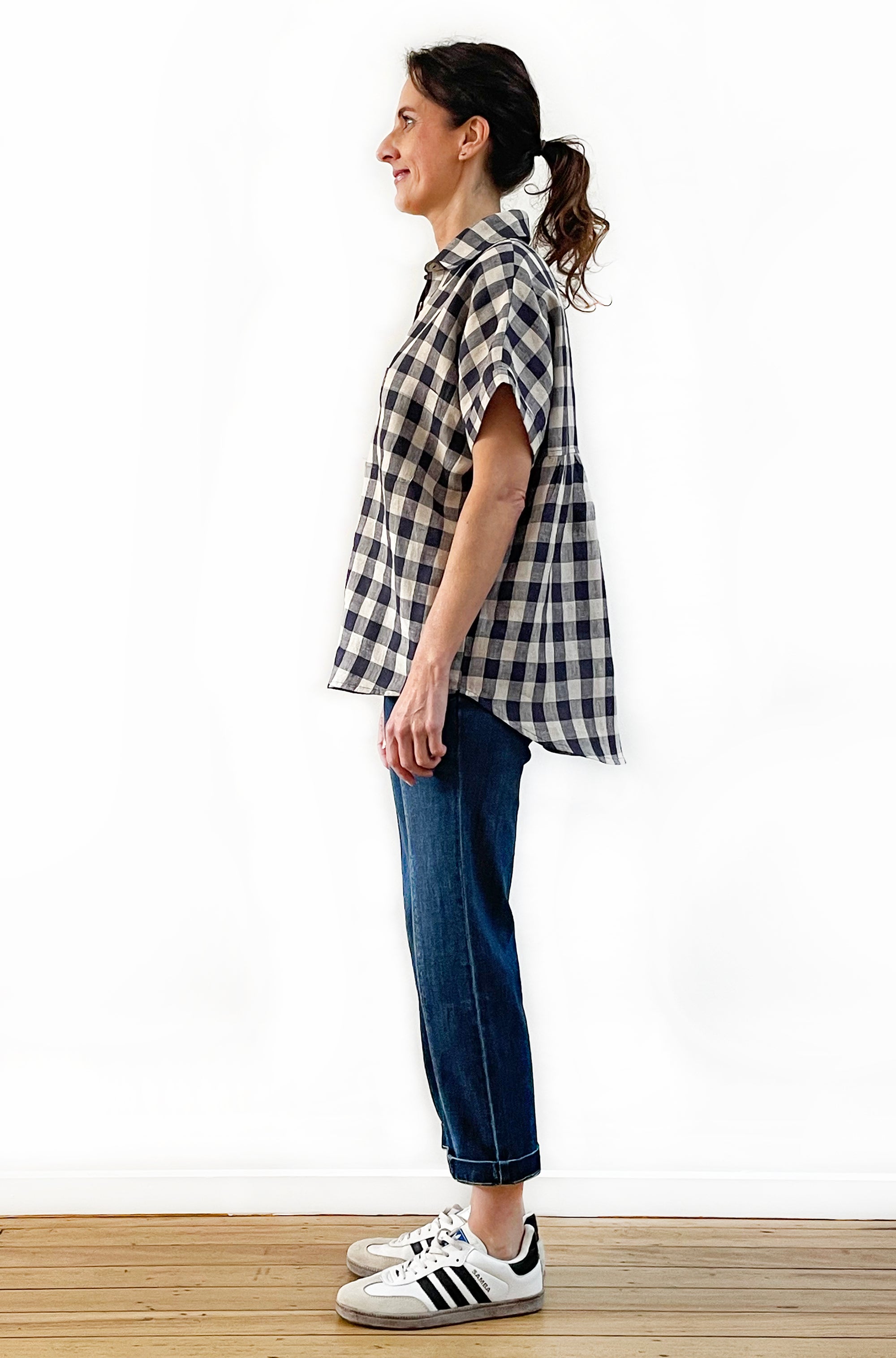 LINEN GATHERED BACK SHIRT GINGHAM