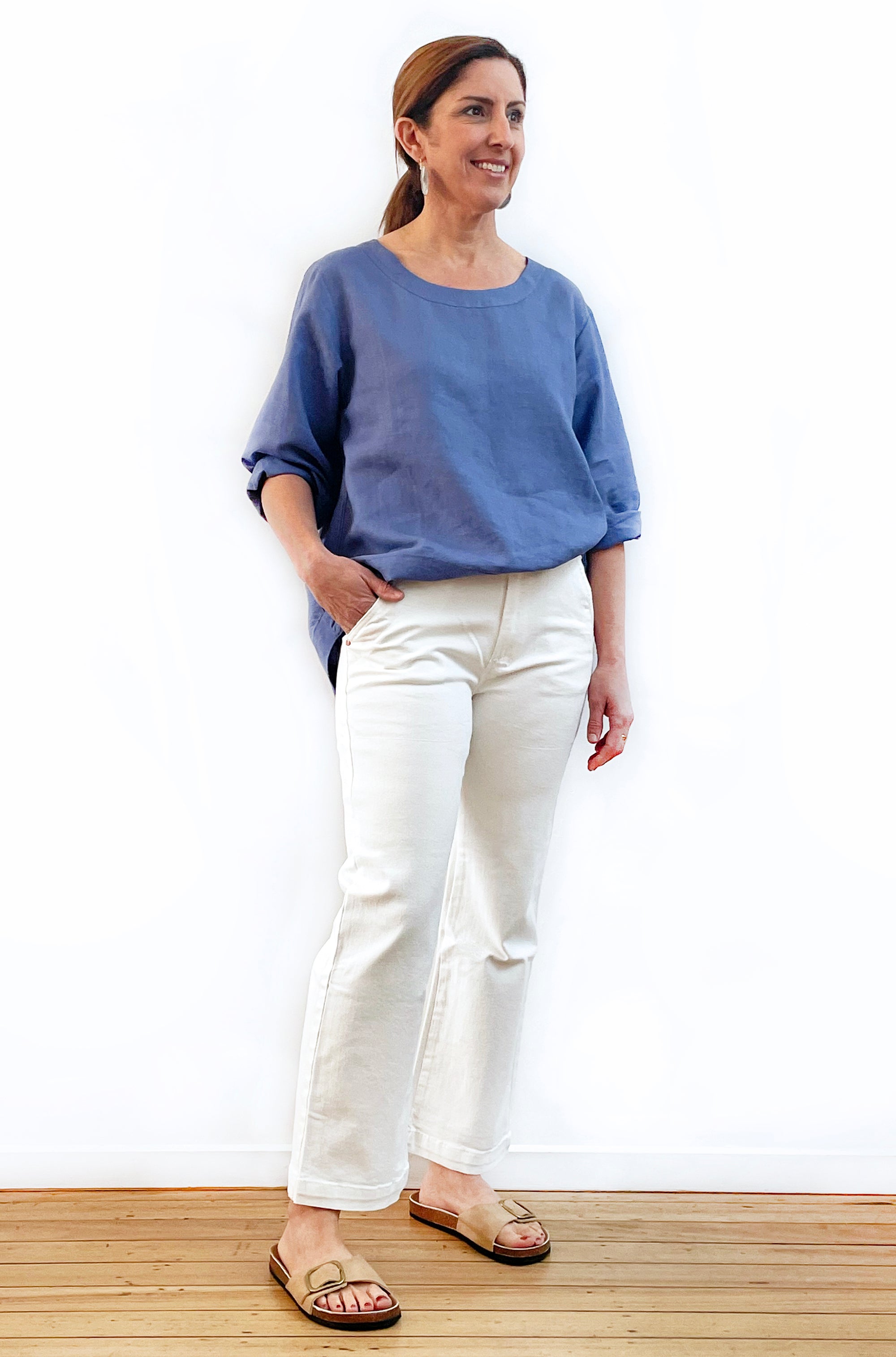 LINEN HI LO TOP DENIM BLUE