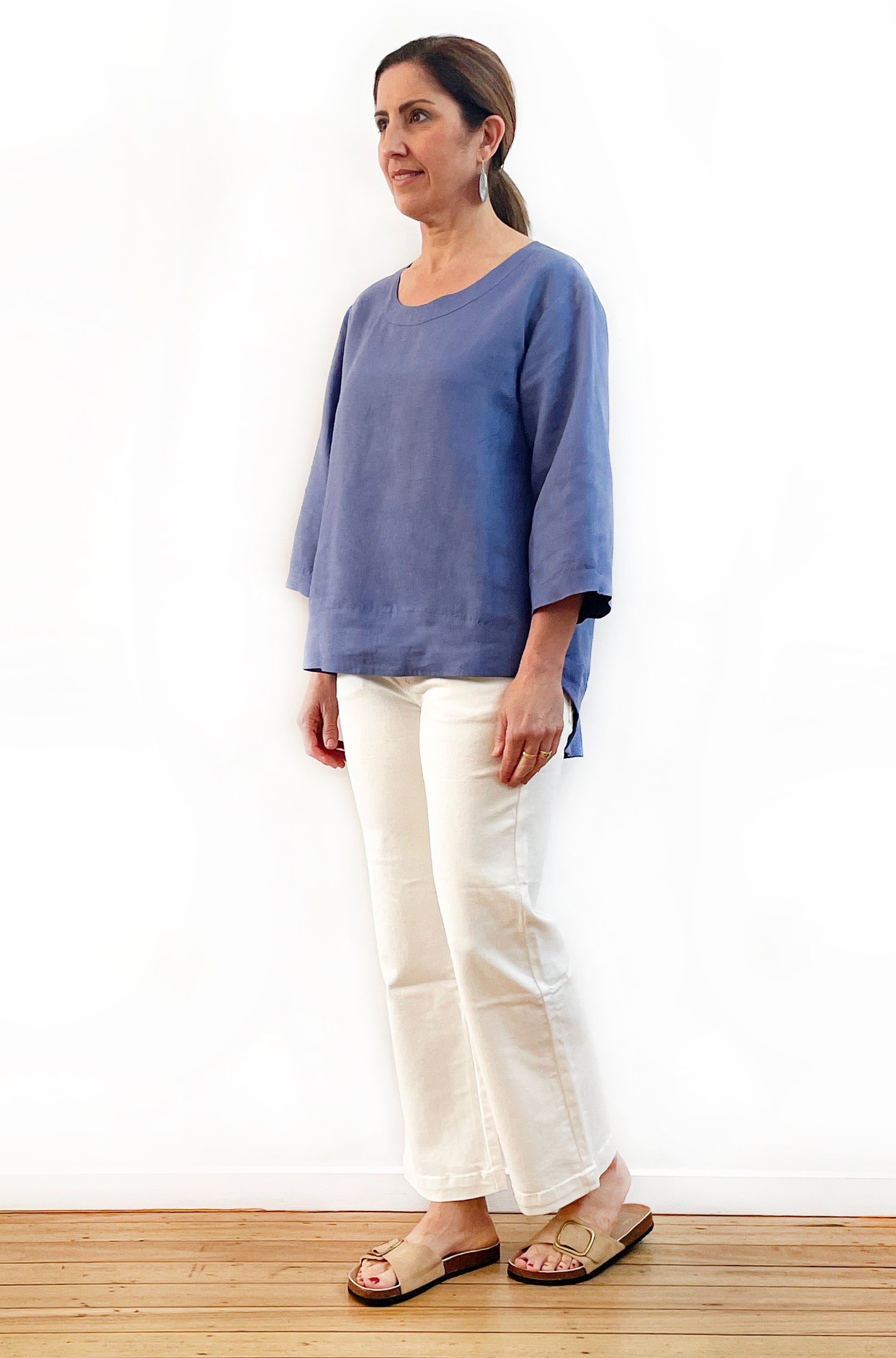 LINEN HI LO TOP DENIM BLUE