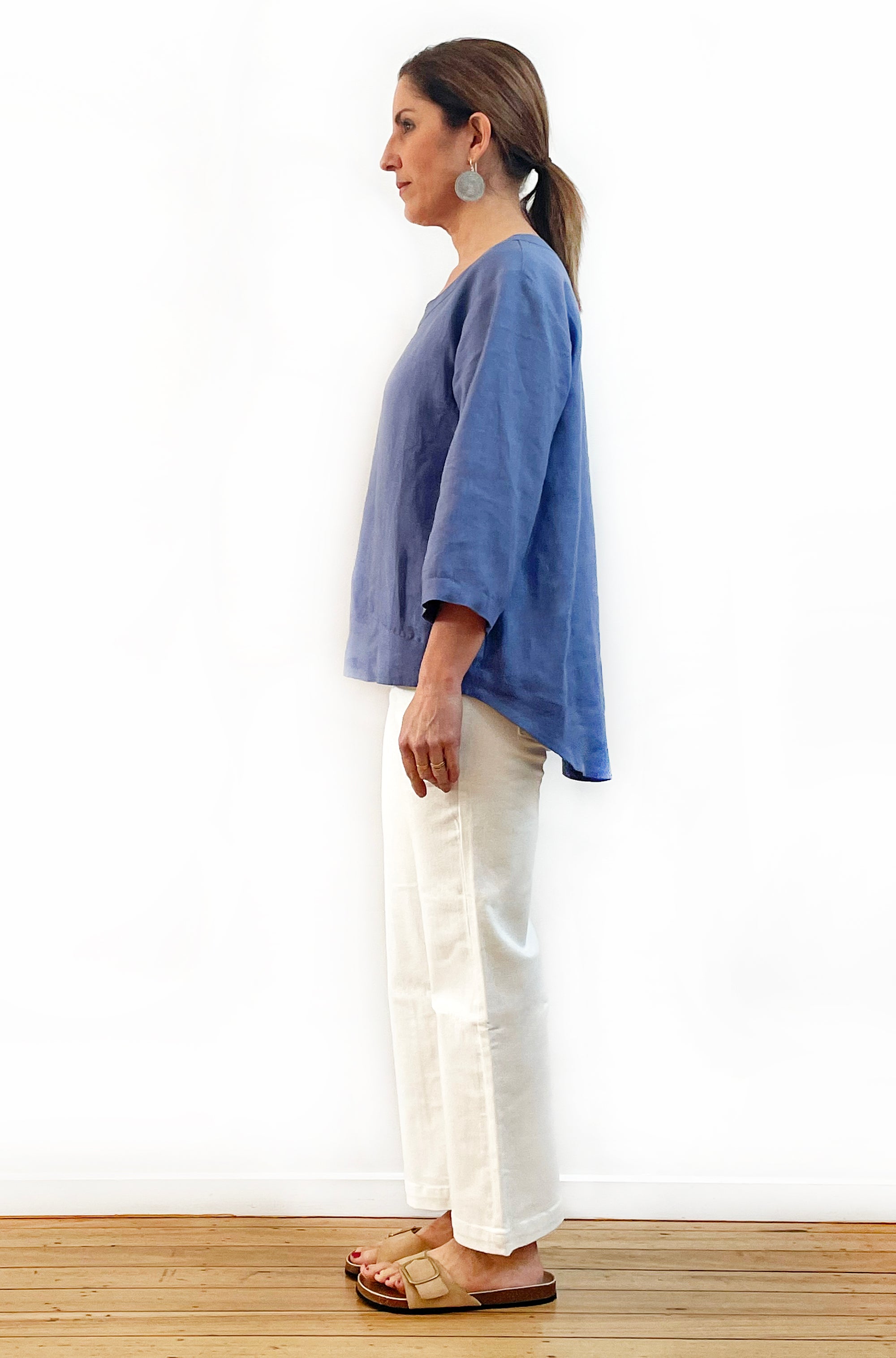 LINEN HI LO TOP DENIM BLUE