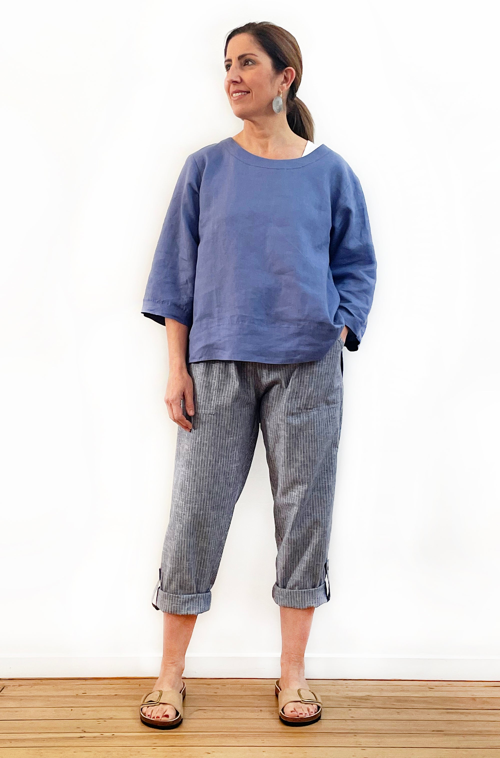 LINEN HI LO TOP DENIM BLUE