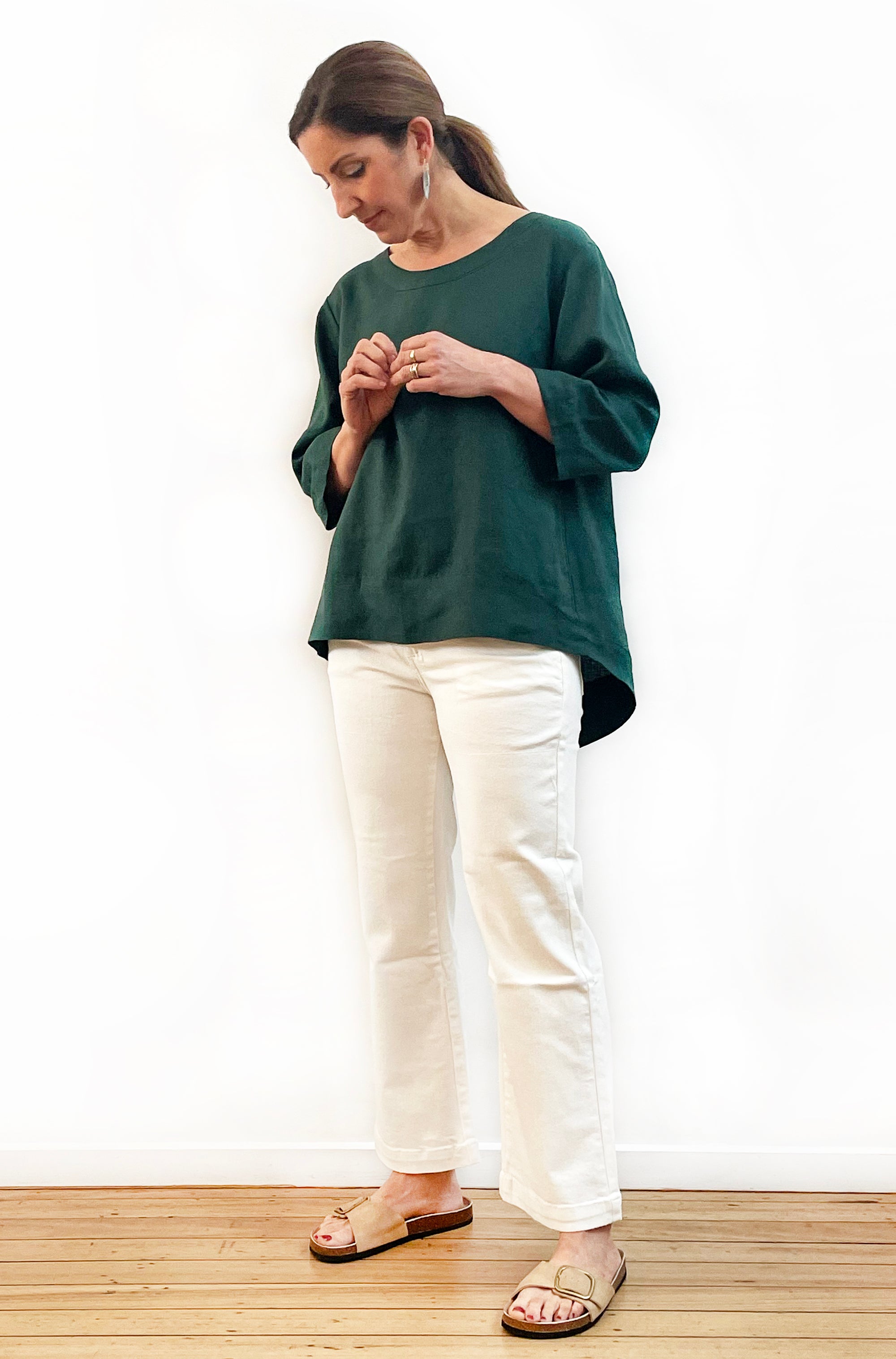 LINEN HI LO TOP MINERAL GREEN