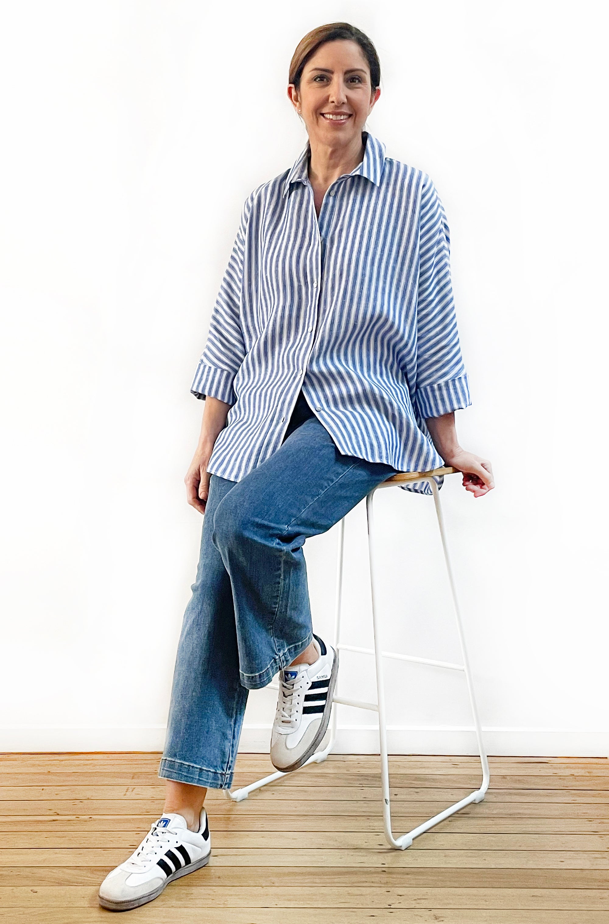 LINEN KIMONO SLEEVE SHIRT BLUE STRIPE