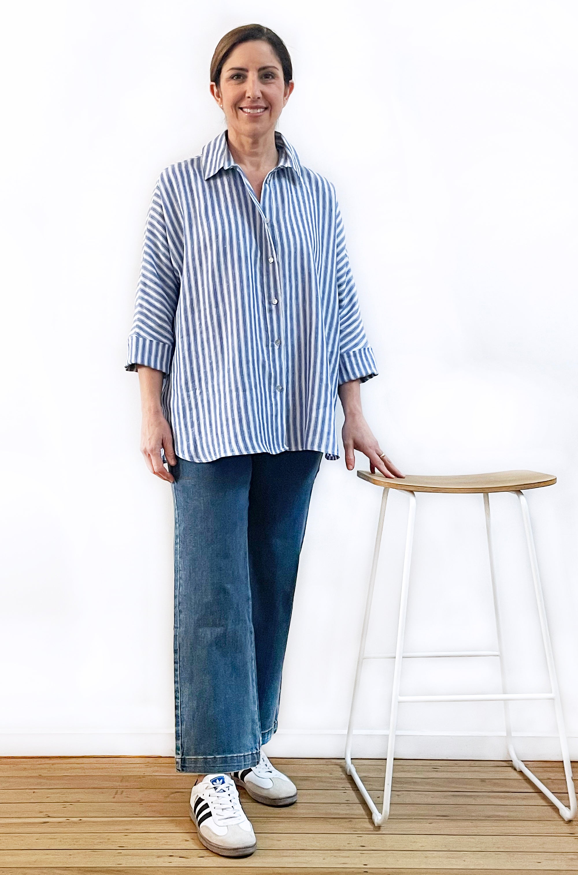 LINEN KIMONO SLEEVE SHIRT BLUE STRIPE