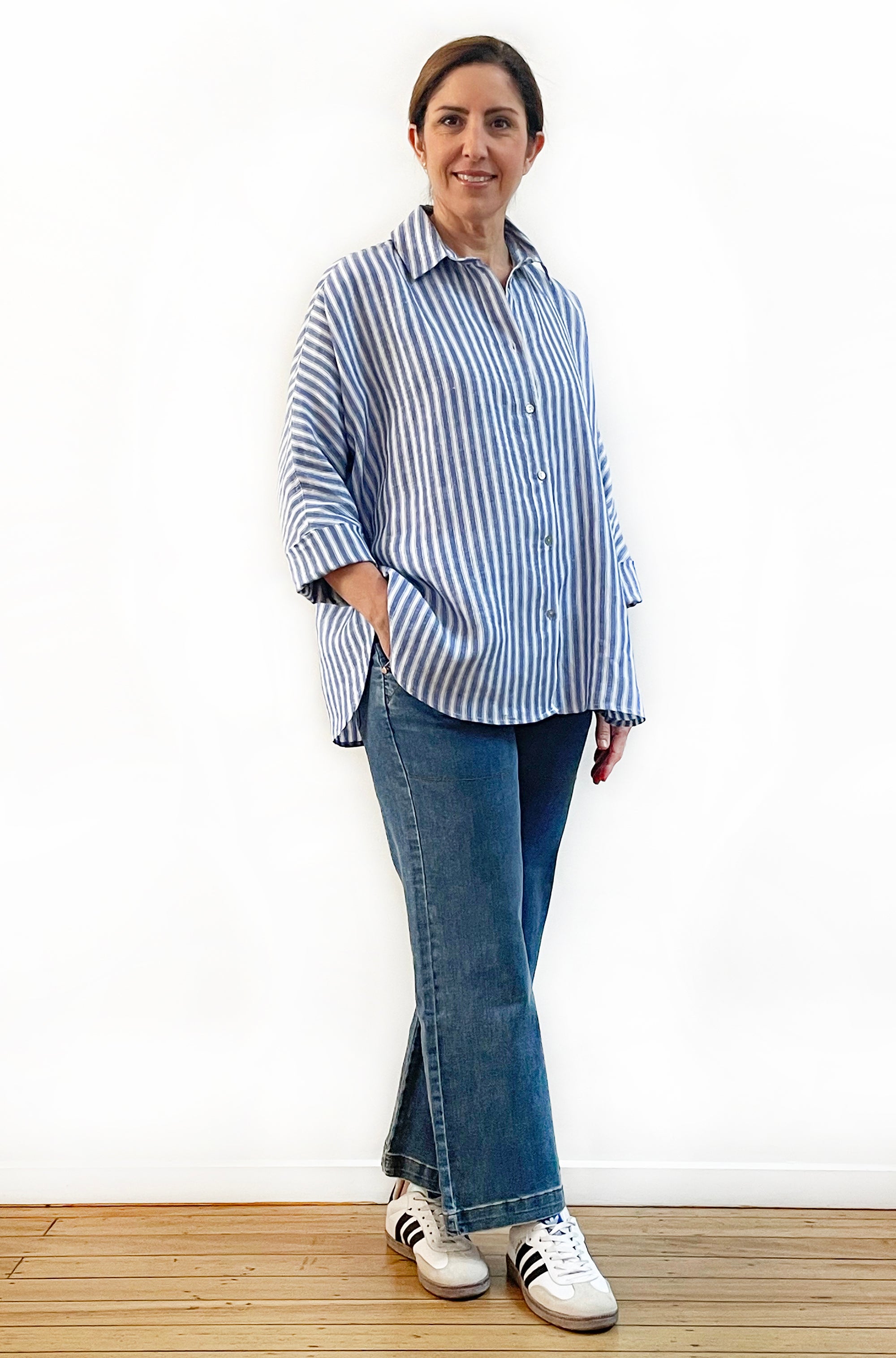 LINEN KIMONO SLEEVE SHIRT BLUE STRIPE