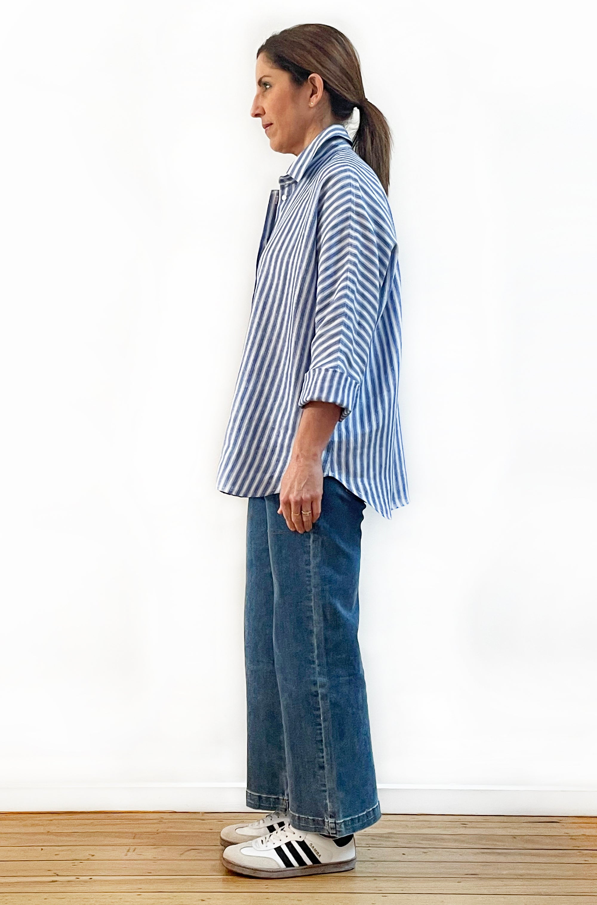 LINEN KIMONO SLEEVE SHIRT BLUE STRIPE