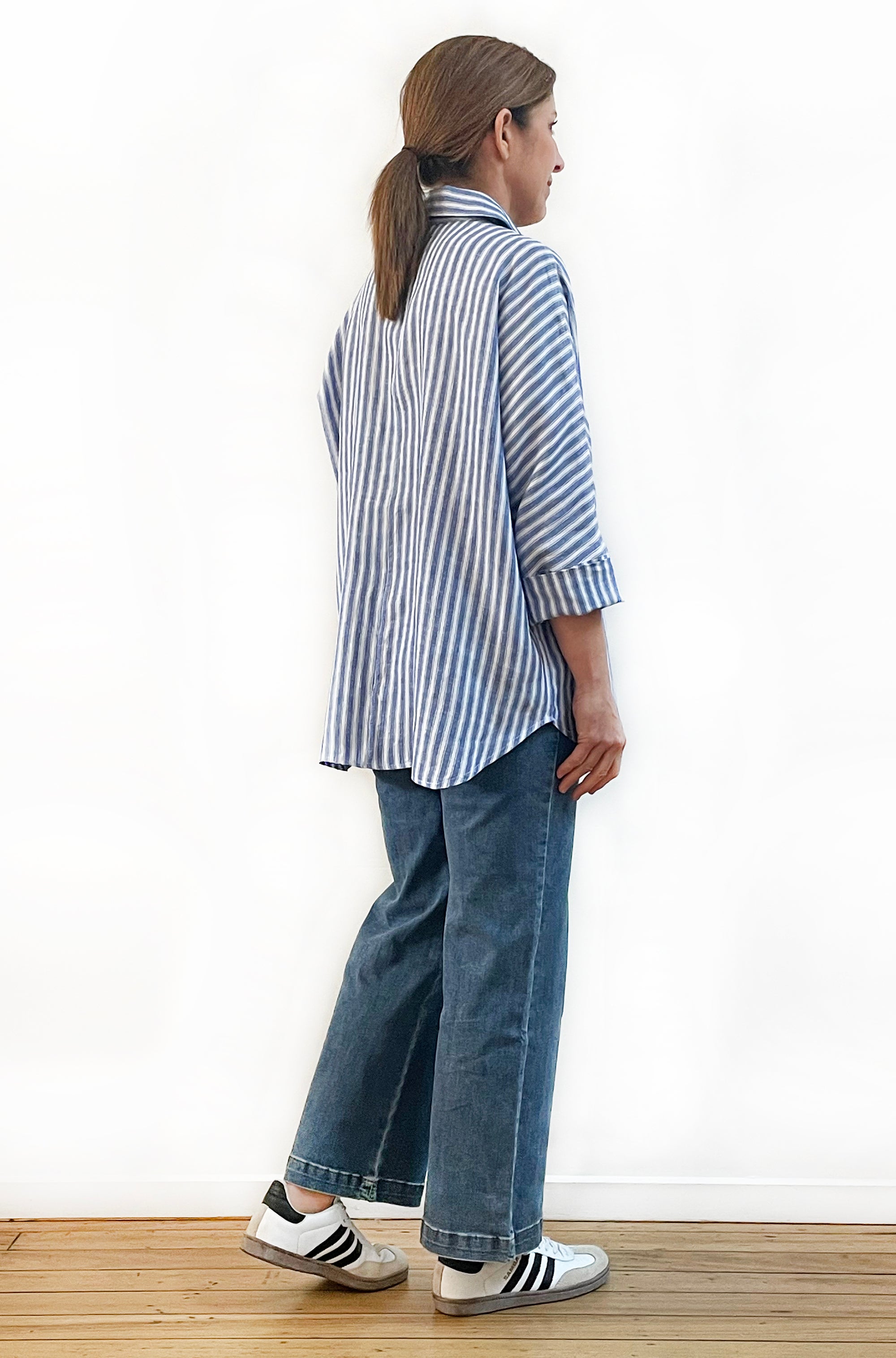 LINEN KIMONO SLEEVE SHIRT BLUE STRIPE