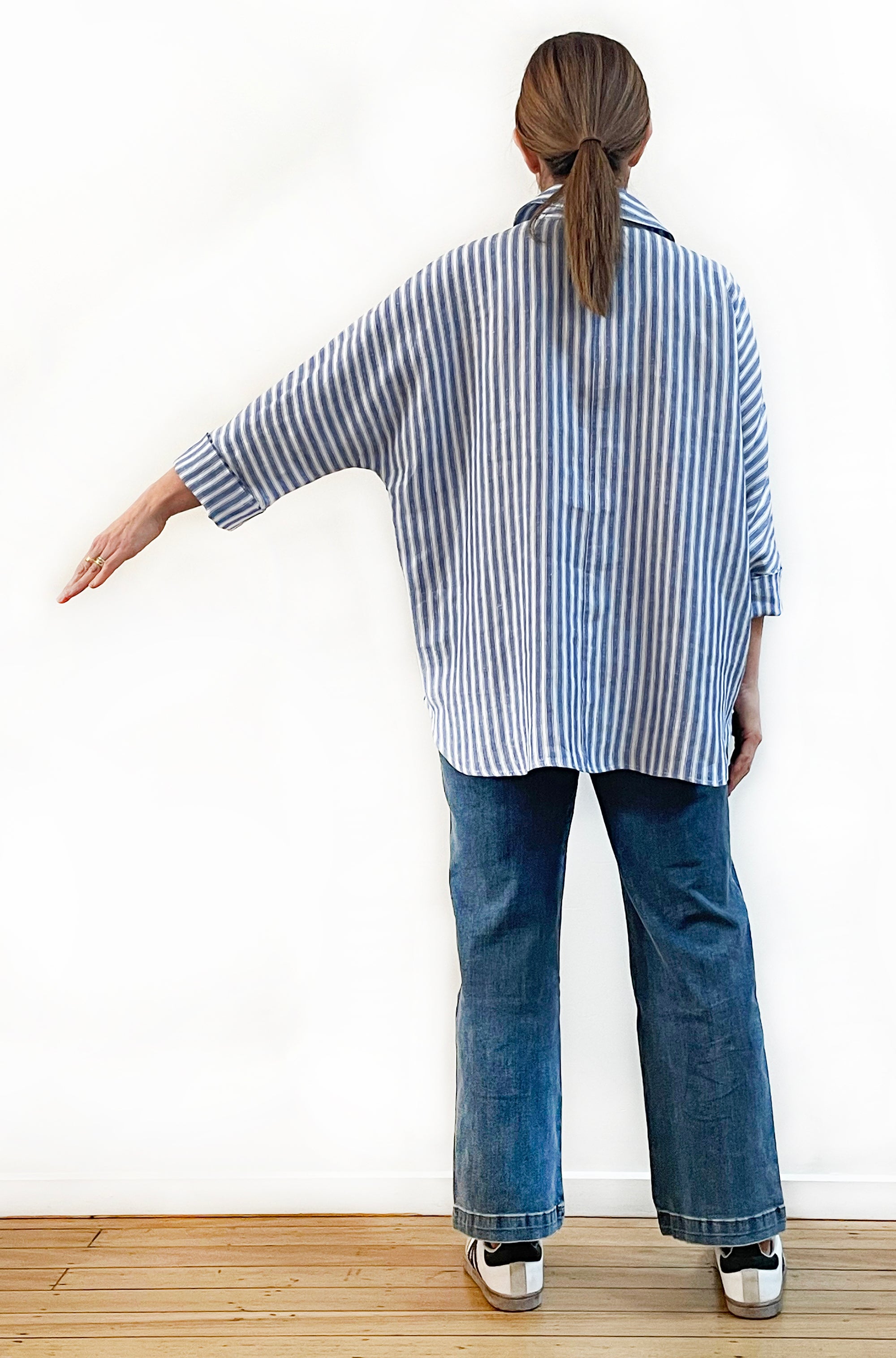 LINEN KIMONO SLEEVE SHIRT BLUE STRIPE