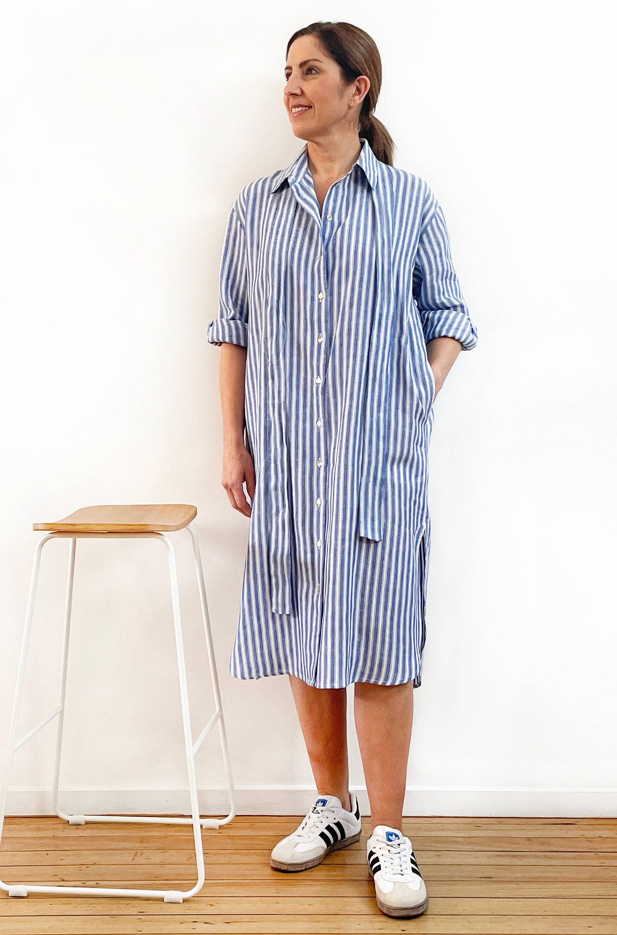 LINEN LONG SLEEVE SHIRT DRESS BLUE STRIPE