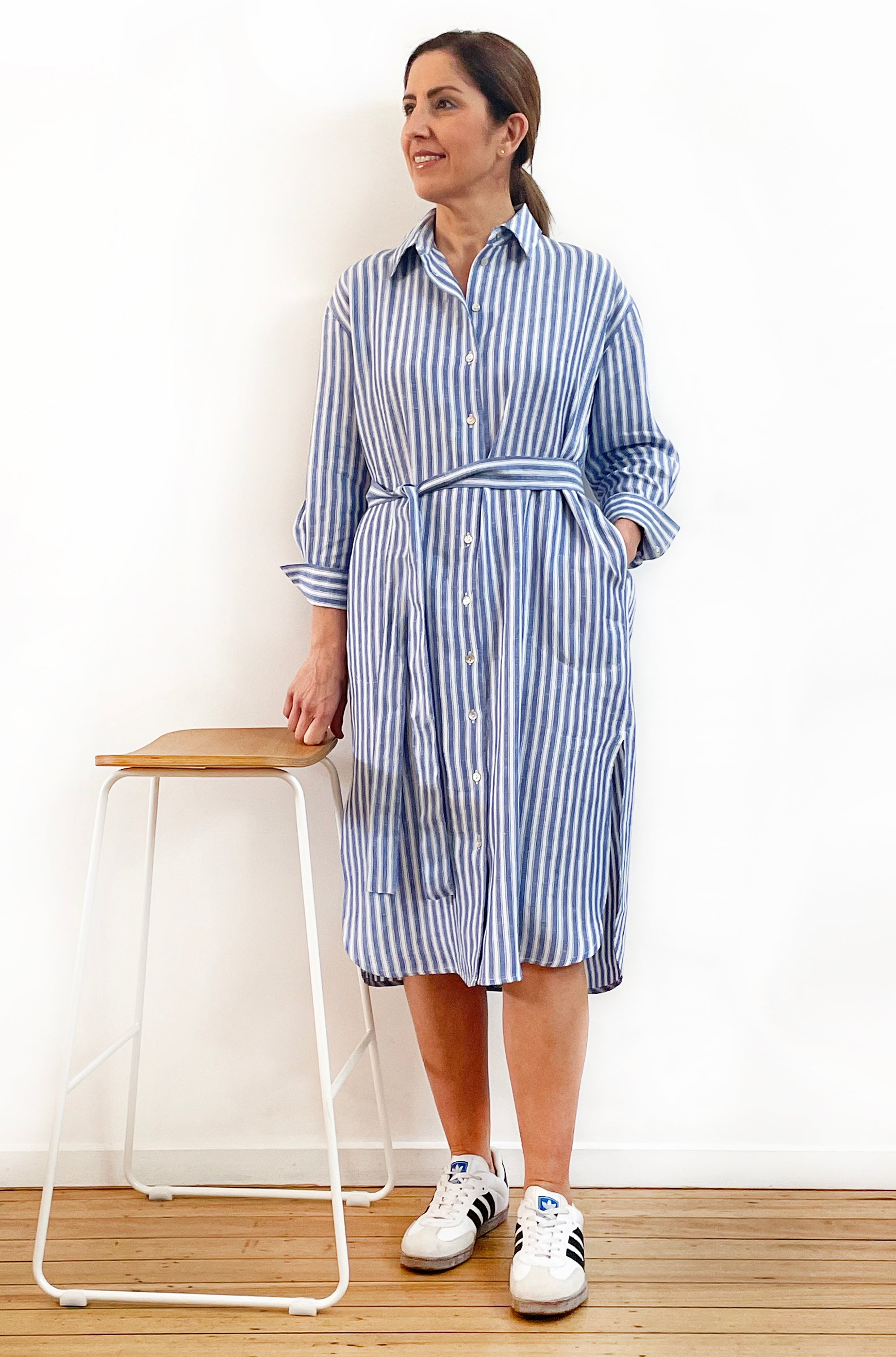 LINEN LONG SLEEVE SHIRT DRESS BLUE STRIPE