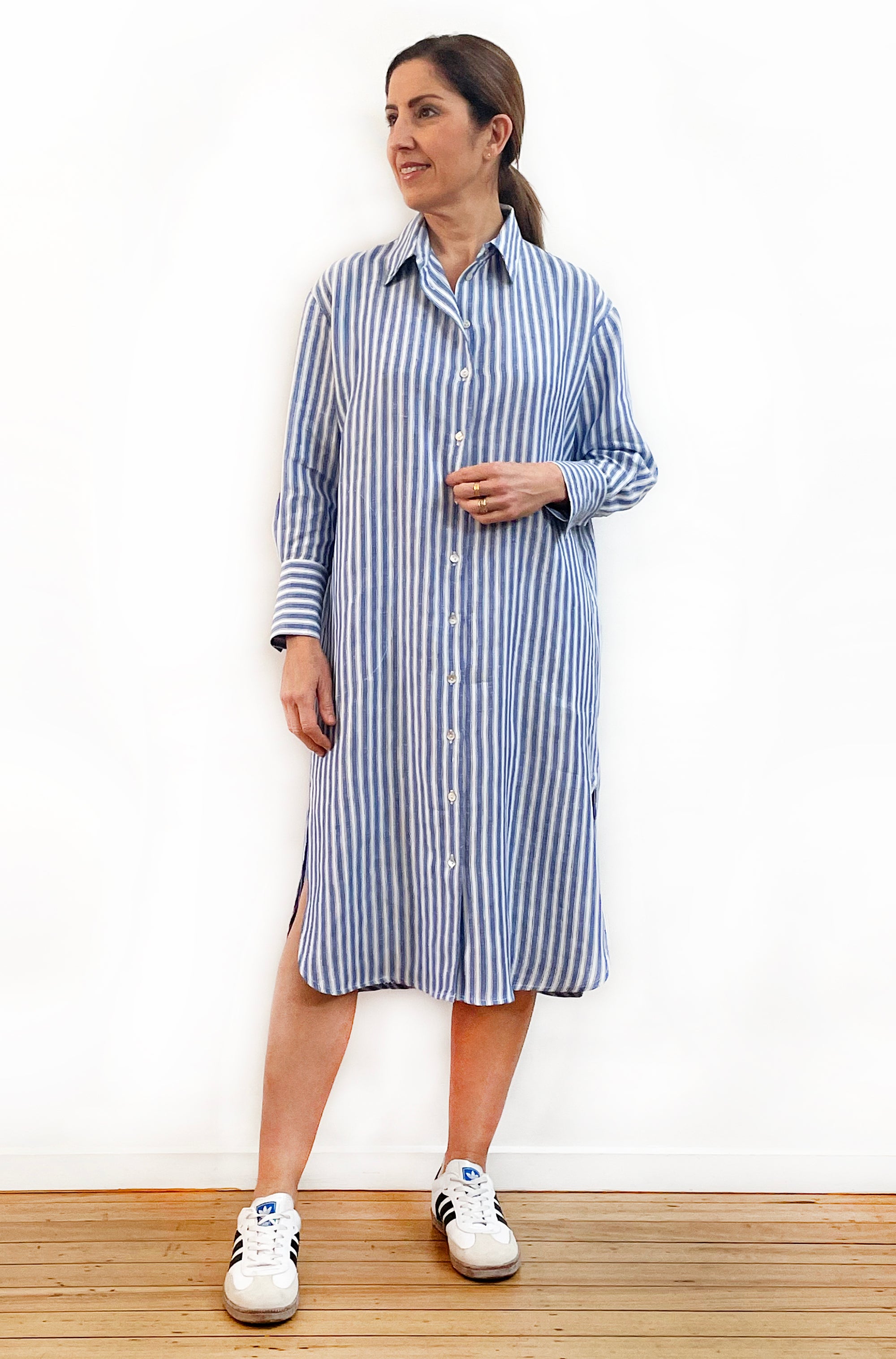 LINEN LONG SLEEVE SHIRT DRESS BLUE STRIPE