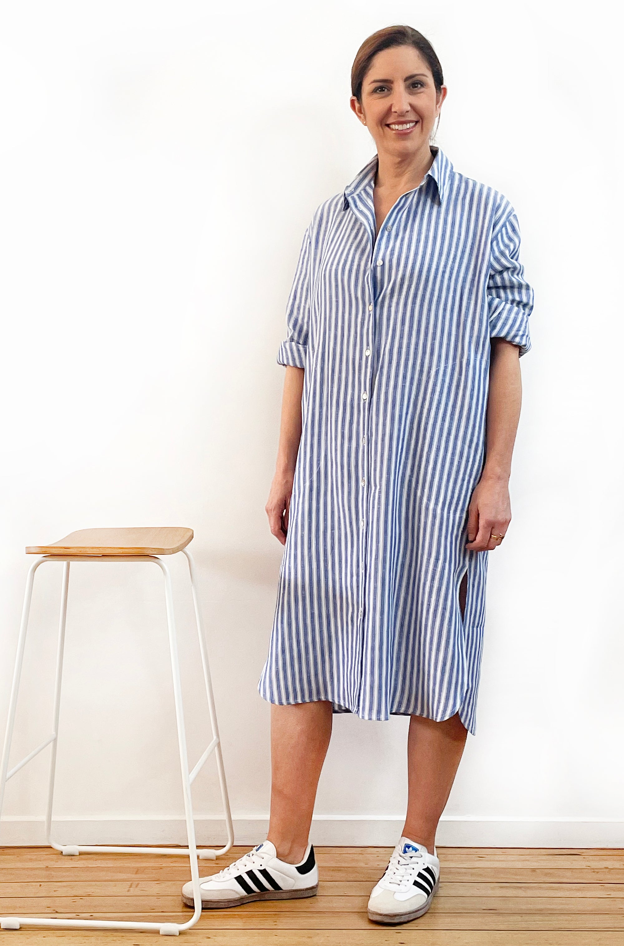 LINEN LONG SLEEVE SHIRT DRESS BLUE STRIPE