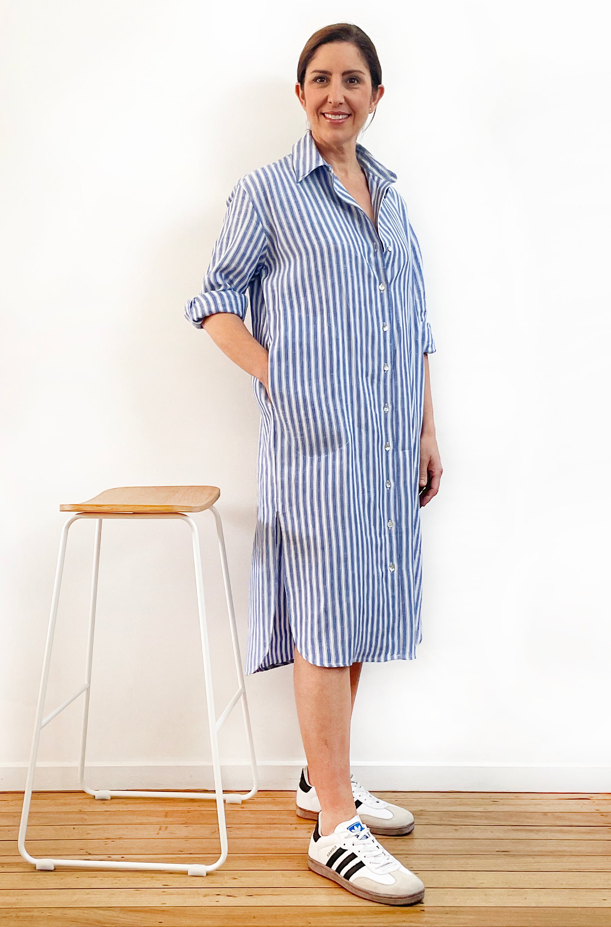 LINEN LONG SLEEVE SHIRT DRESS BLUE STRIPE