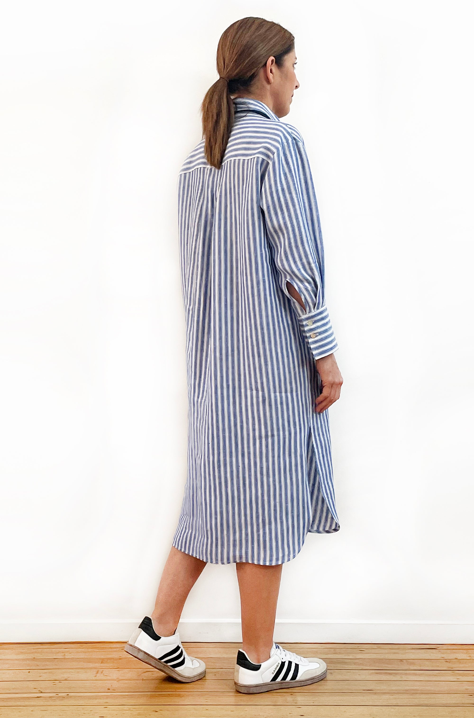 LINEN LONG SLEEVE SHIRT DRESS BLUE STRIPE