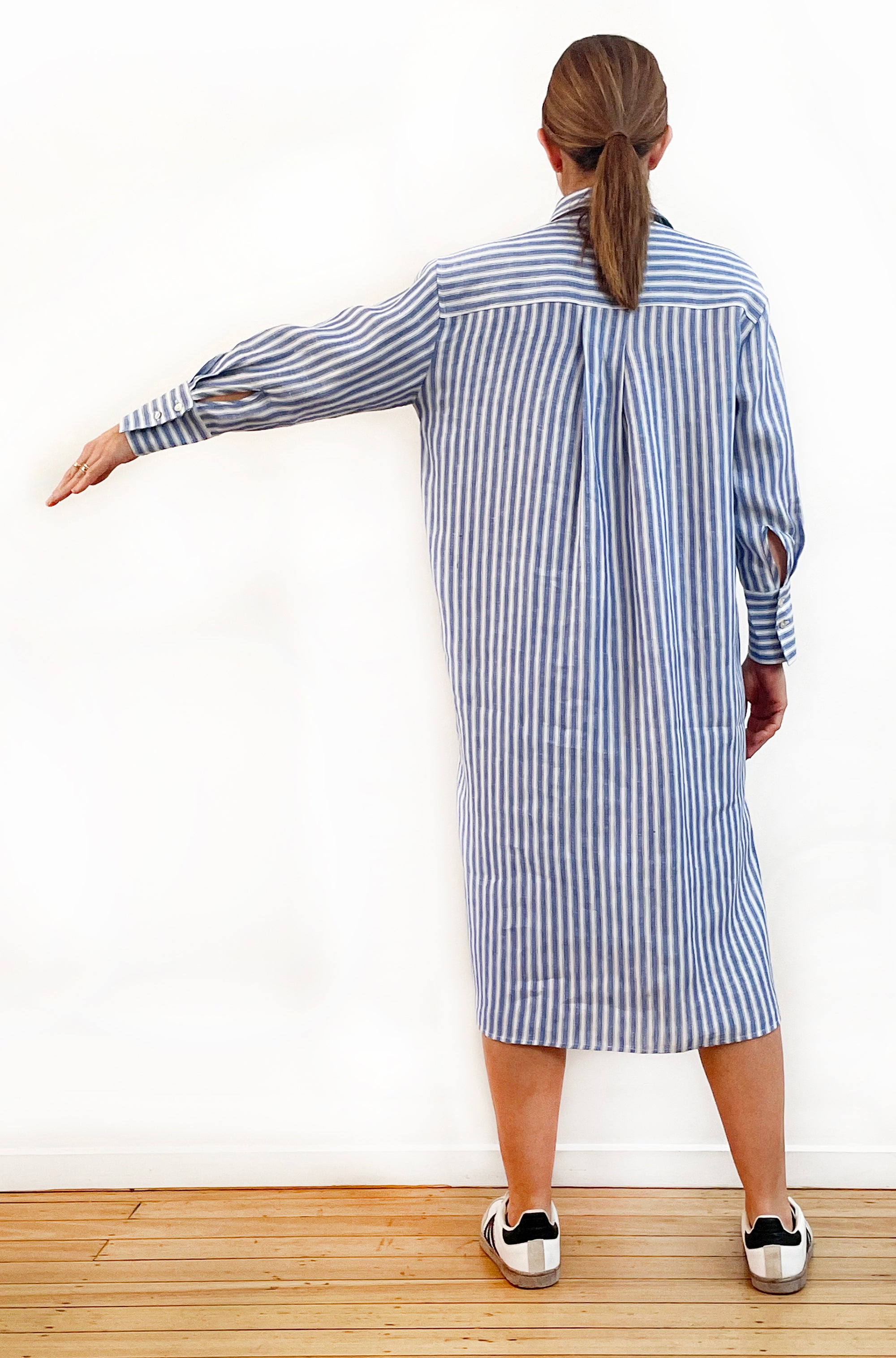 LINEN LONG SLEEVE SHIRT DRESS BLUE STRIPE