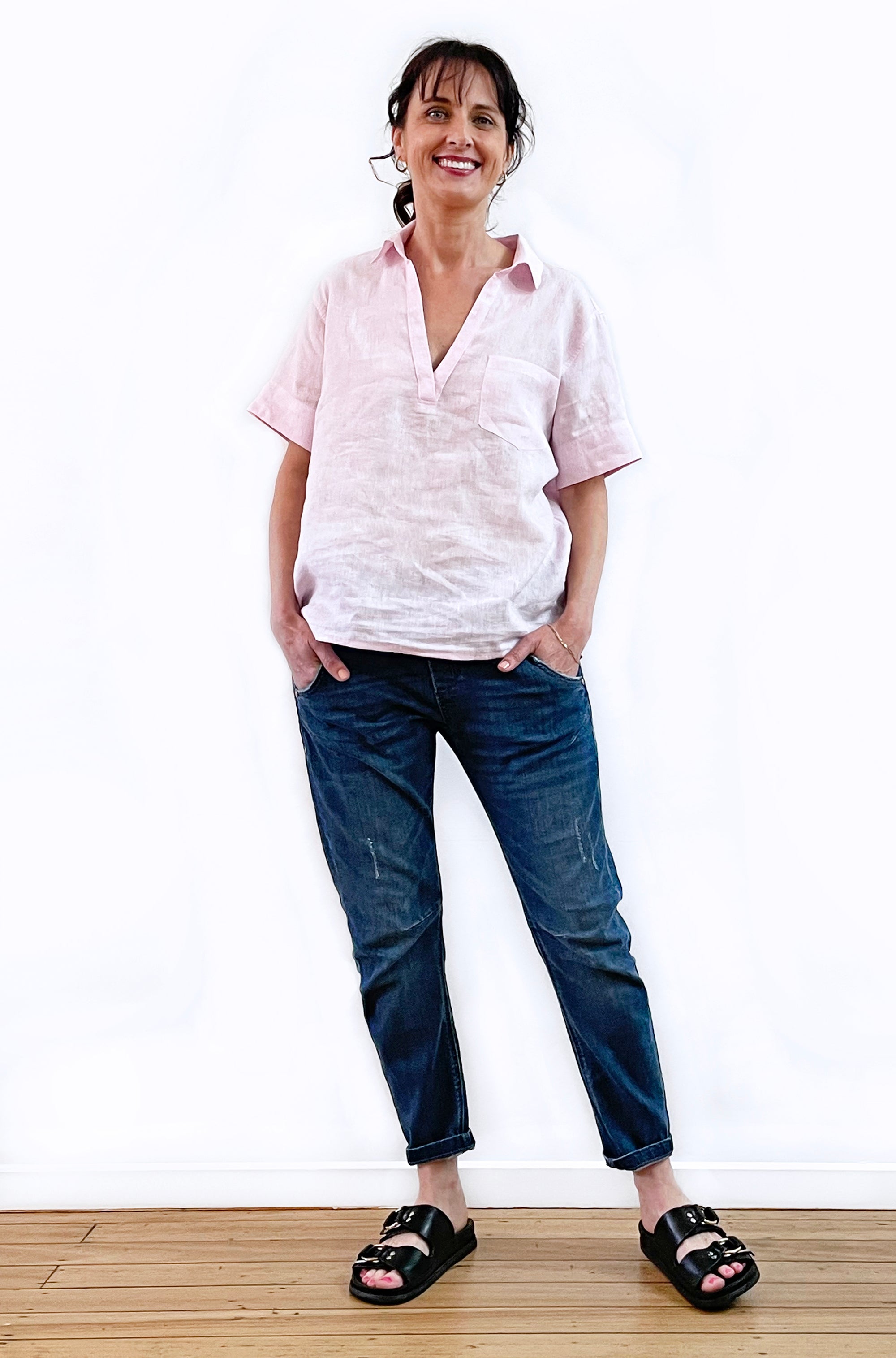 LINEN SHORT SLEEVE POPOVER SHIRT SOFT PINK