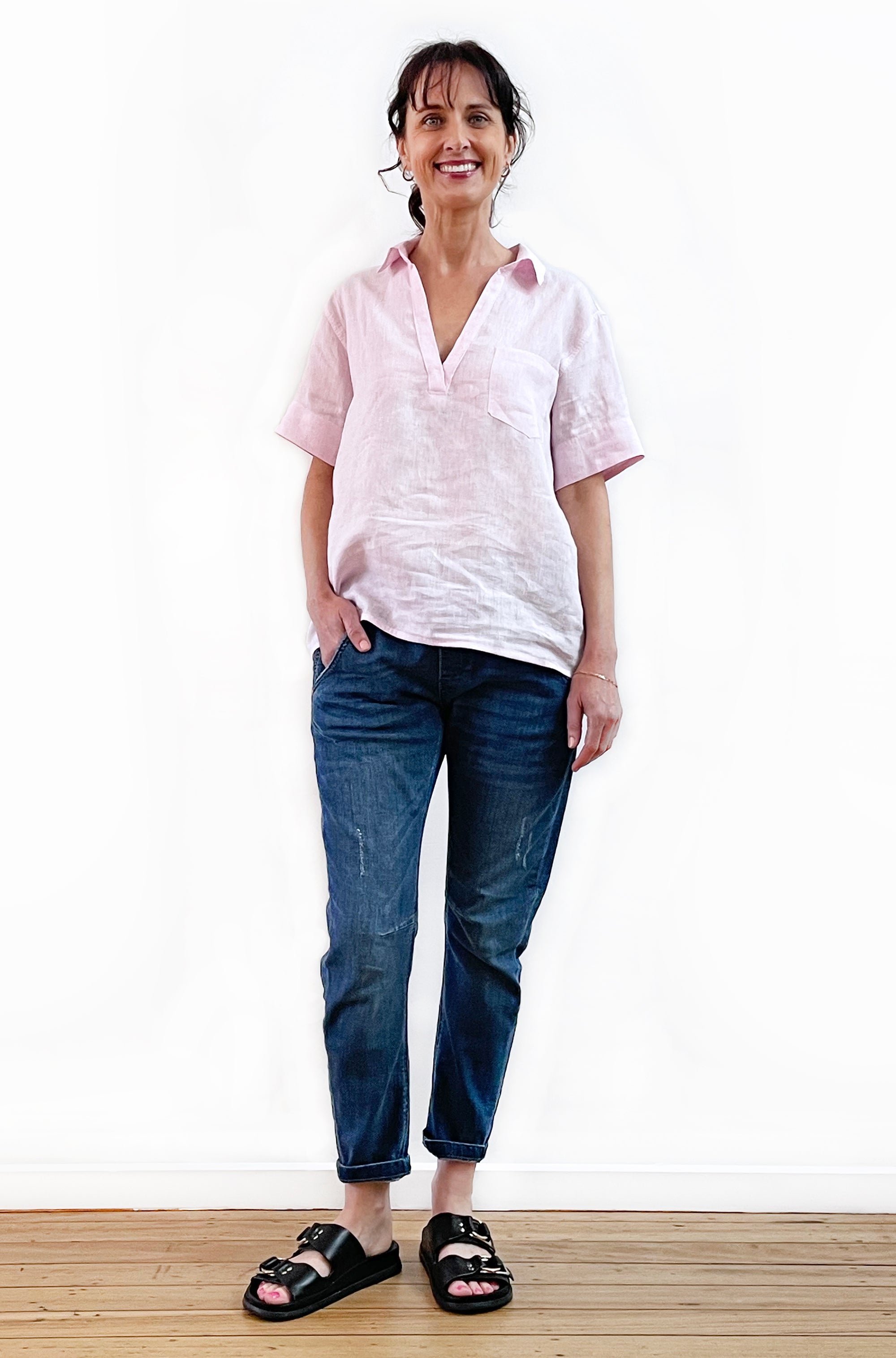 LINEN SHORT SLEEVE POPOVER SHIRT SOFT PINK