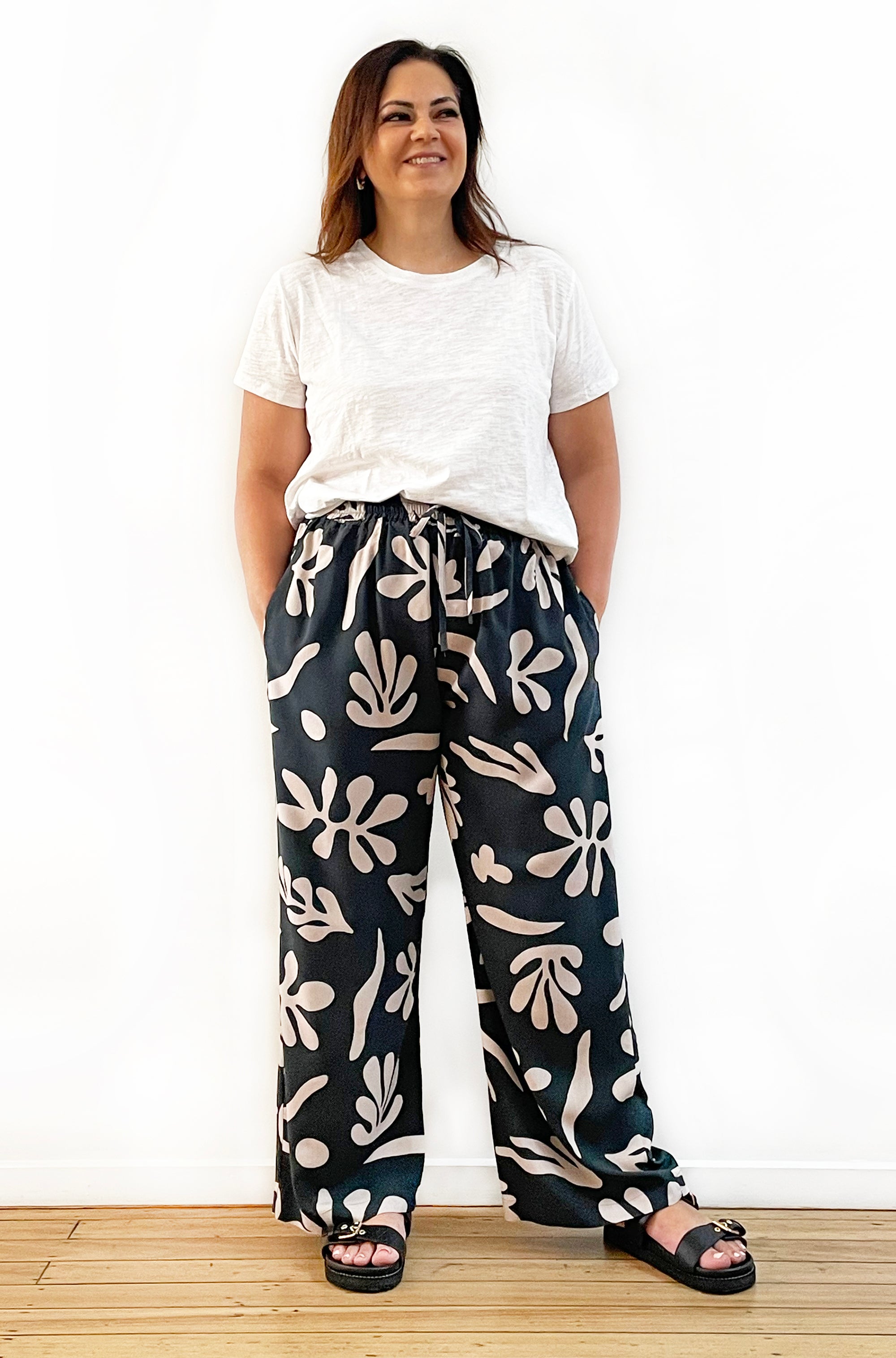 PRINT FULL LENGTH WIDE LEG PANT ABSTRACT LEAF