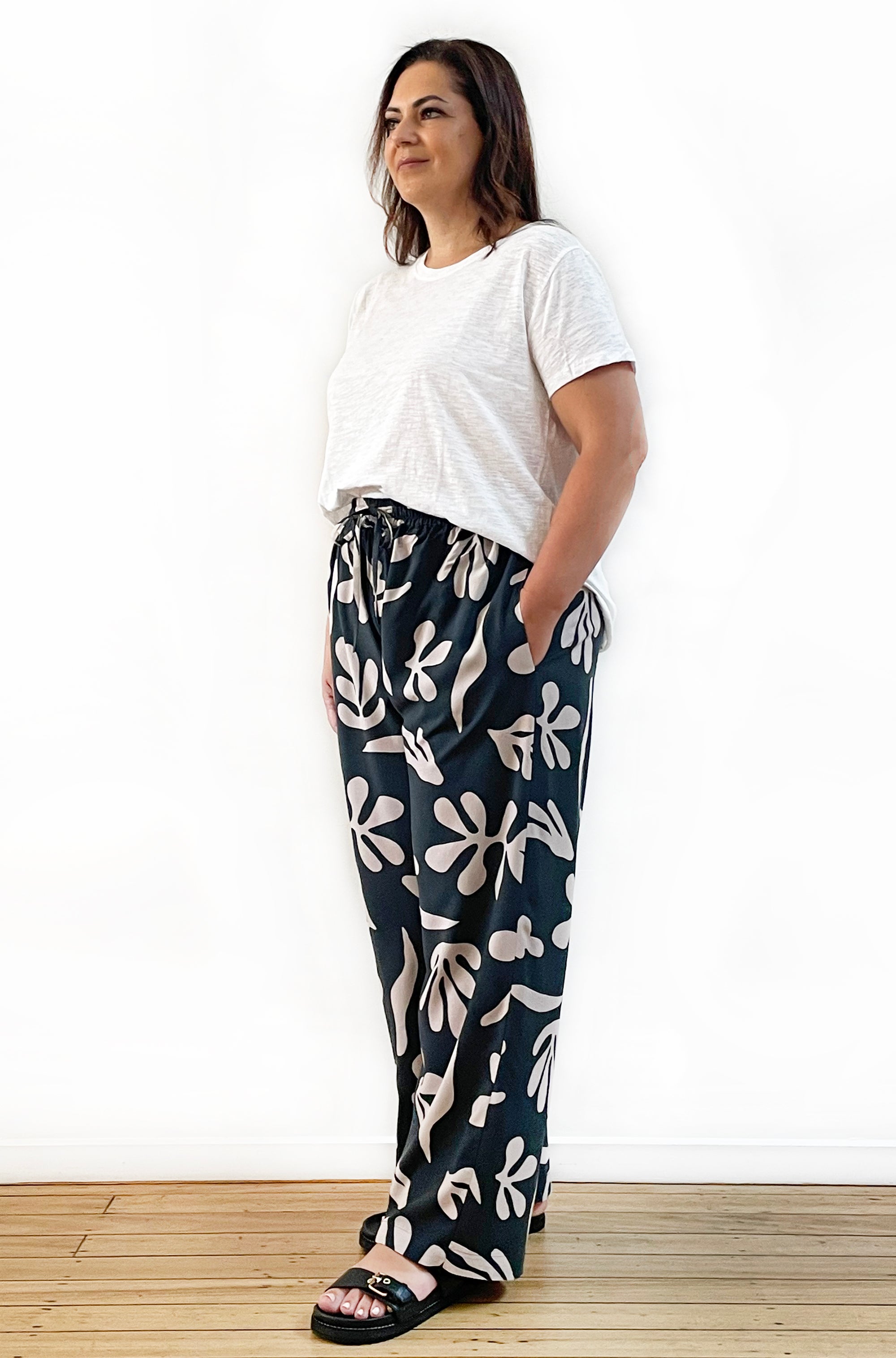 PRINT FULL LENGTH WIDE LEG PANT ABSTRACT LEAF