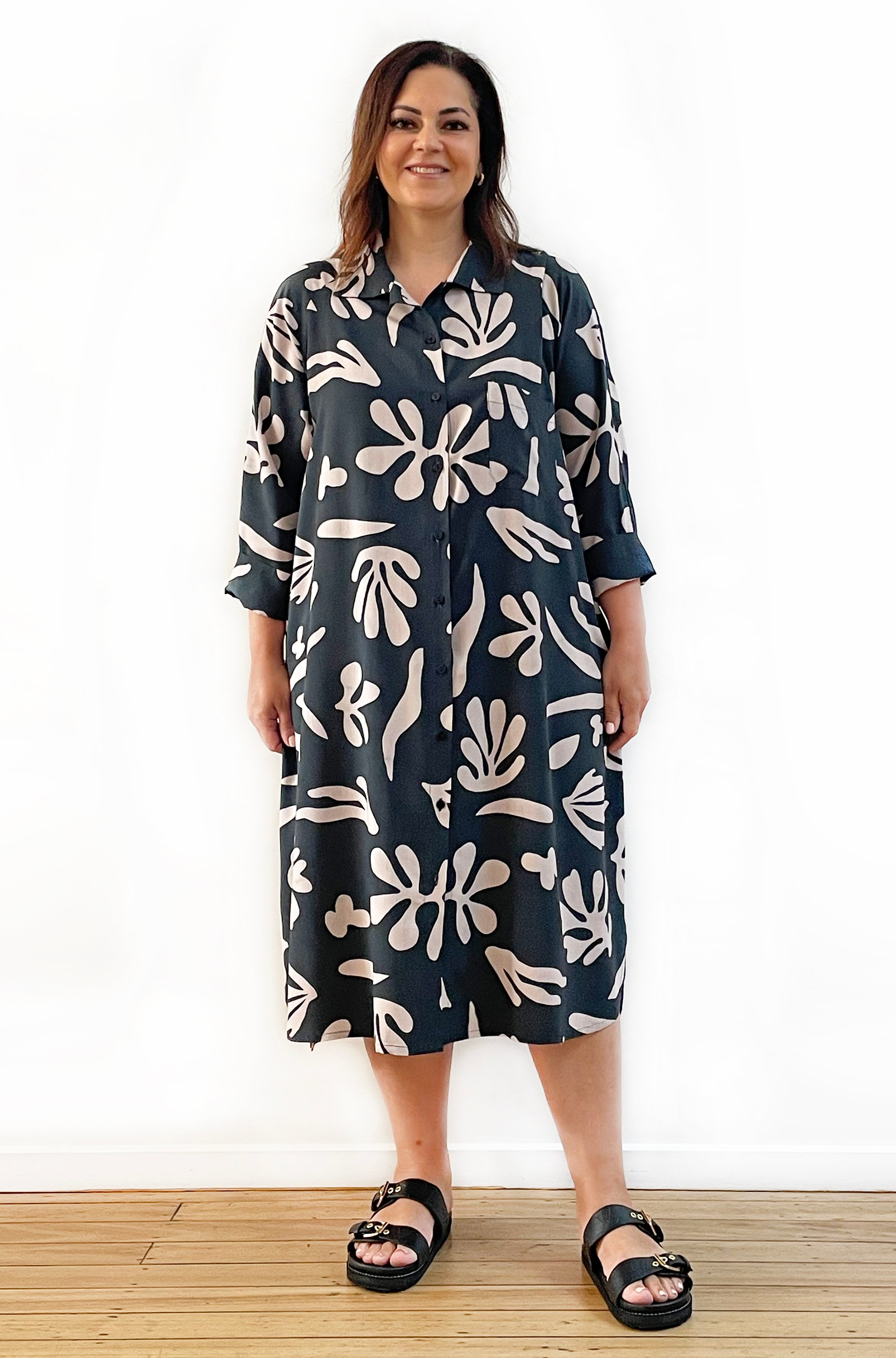 PRINT RAGLAN SHIRT DRESS ABSTRACT LEAF