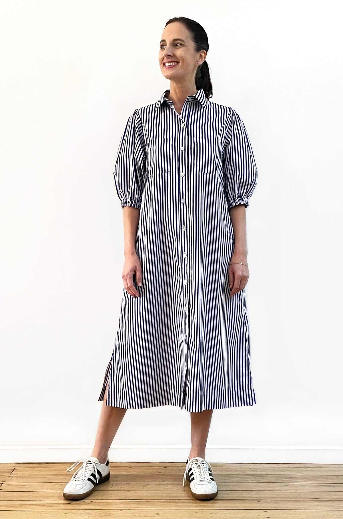 COTTON PUFF SLEEVE  SHIRT DRESS NAVY/LILAC STRIPE