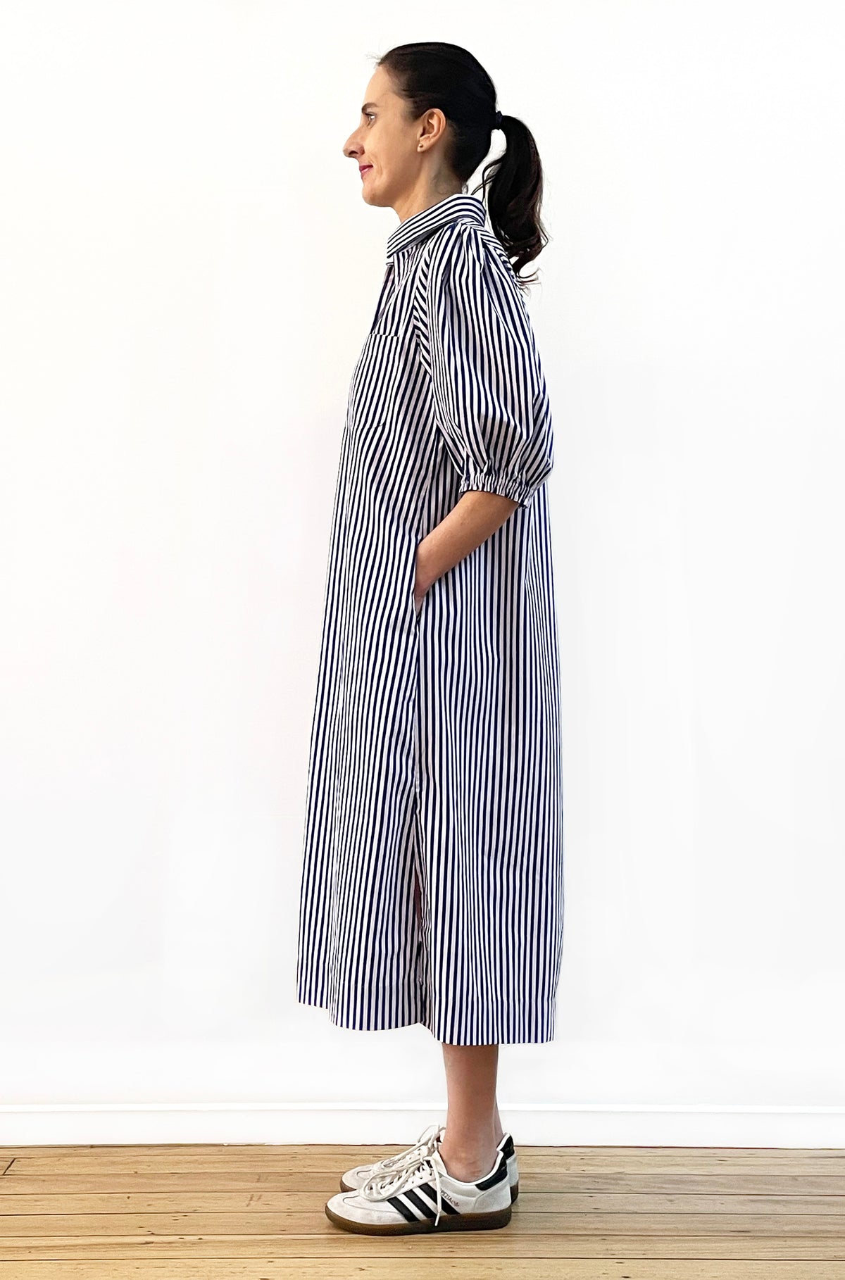 COTTON PUFF SLEEVE  SHIRT DRESS NAVY/LILAC STRIPE
