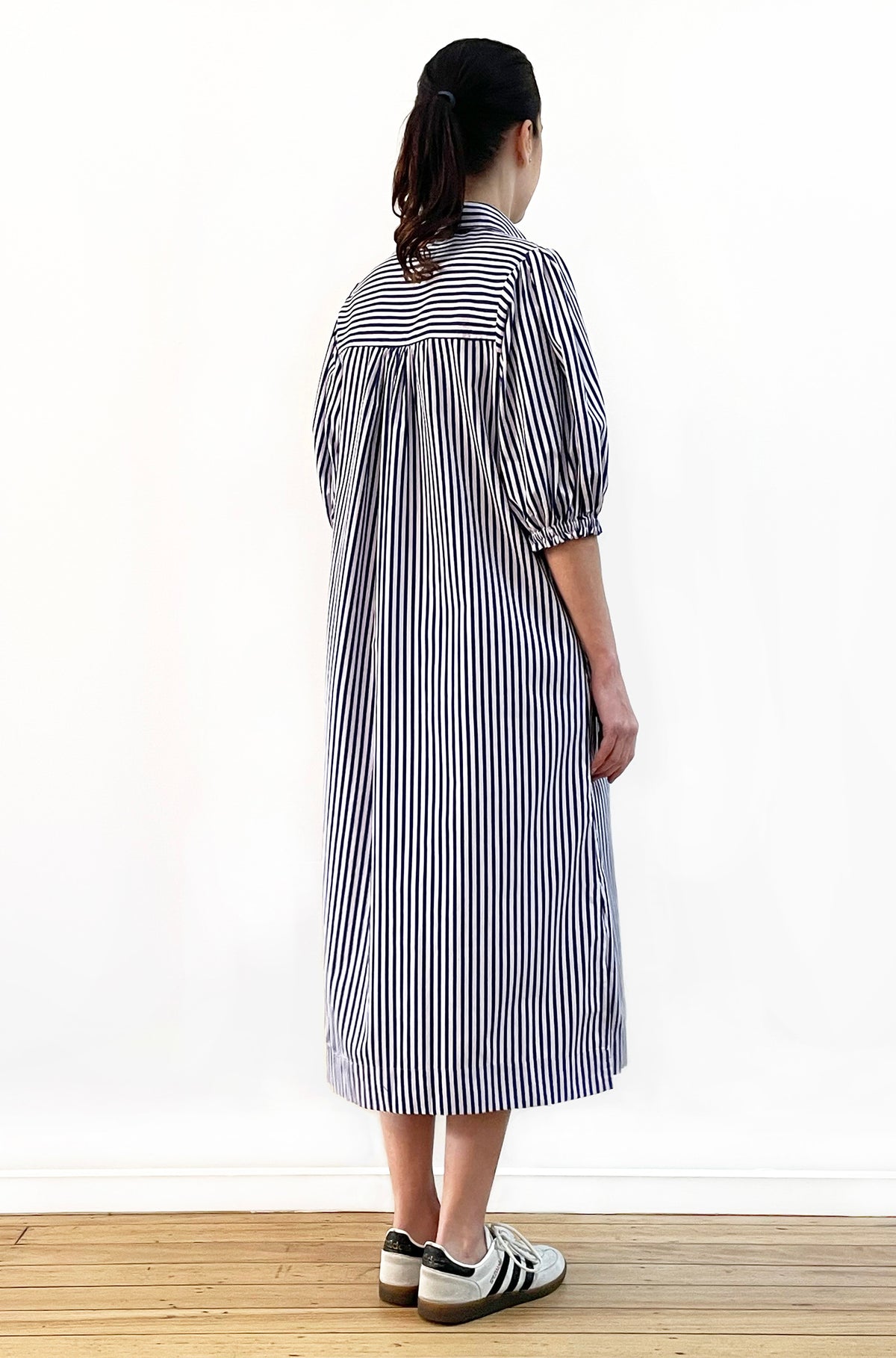COTTON PUFF SLEEVE  SHIRT DRESS NAVY/LILAC STRIPE