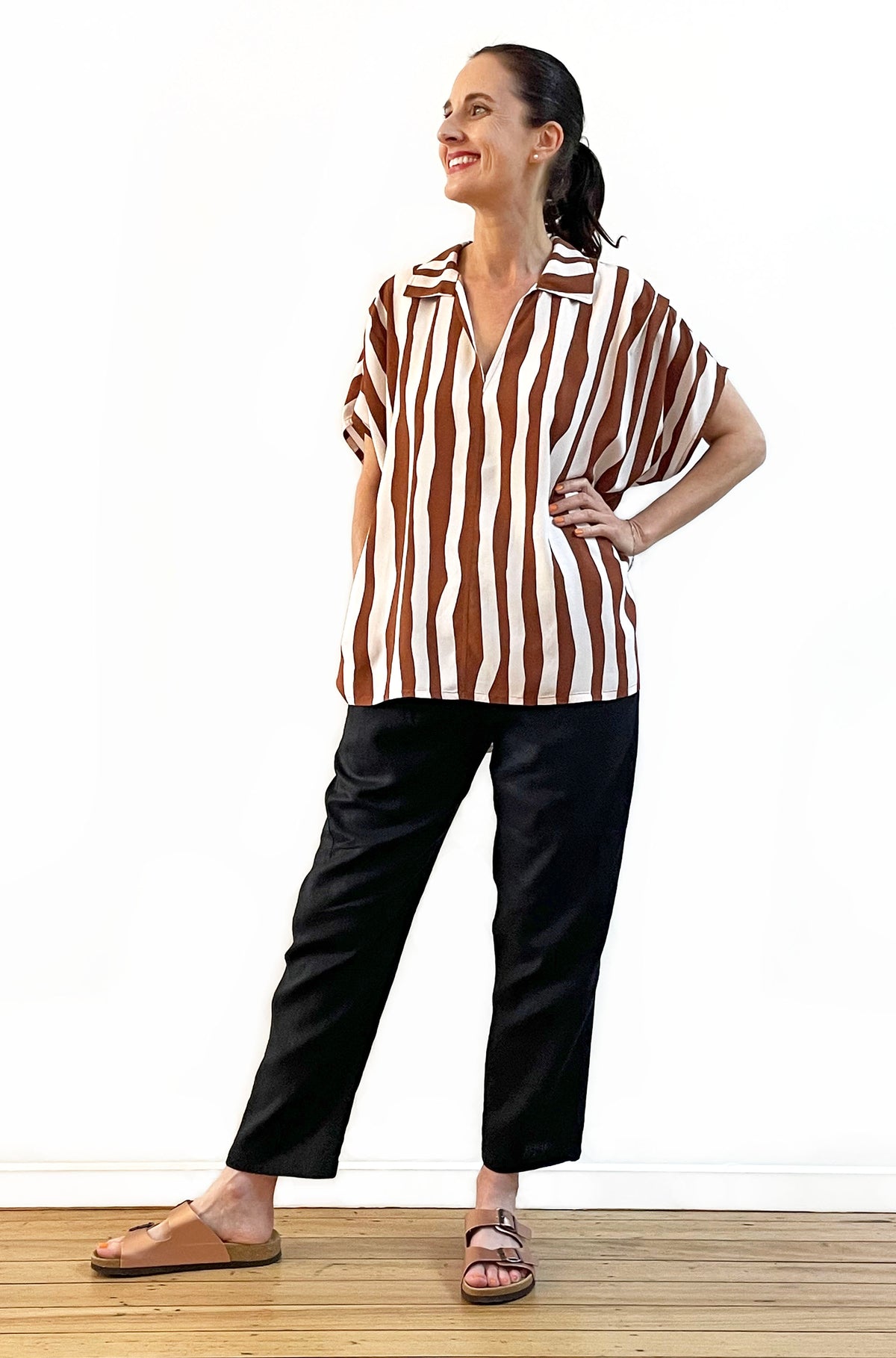 STRIPE PRINT POPOVER SHIRT CHESTNUT