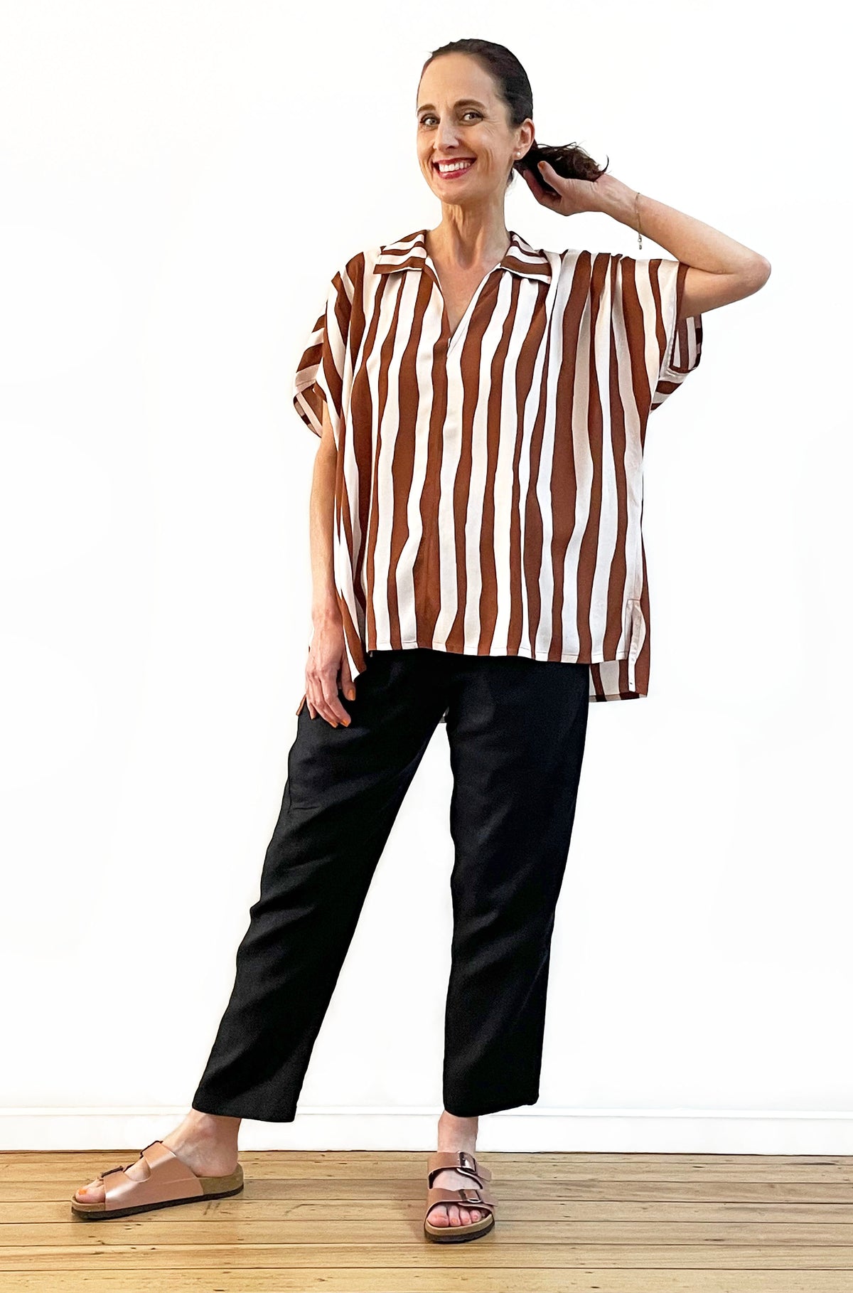 STRIPE PRINT POPOVER SHIRT CHESTNUT
