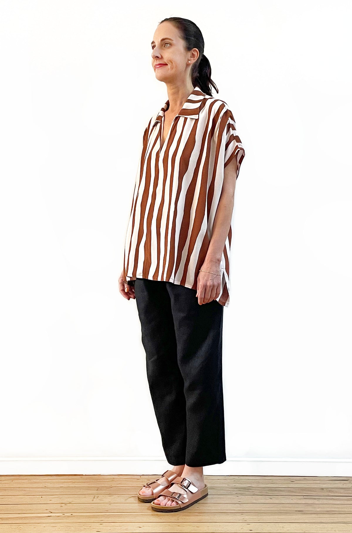 STRIPE PRINT POPOVER SHIRT CHESTNUT