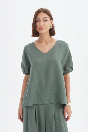 TIRELLI LINEN BISHOP SLEEVE TOP PETROL