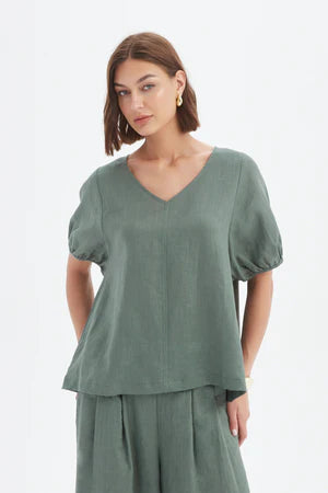 TIRELLI LINEN BISHOP SLEEVE TOP PETROL