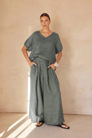 TIRELLI LINEN BISHOP SLEEVE TOP PETROL