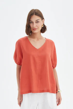 TIRELLI LINEN BISHOP SLEEVE TOP RUST