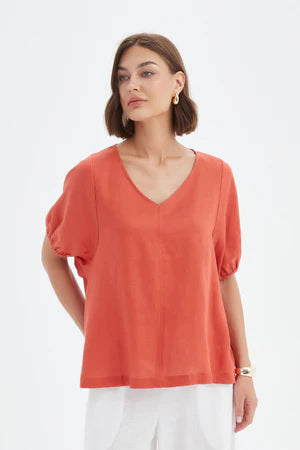 TIRELLI LINEN BISHOP SLEEVE TOP RUST