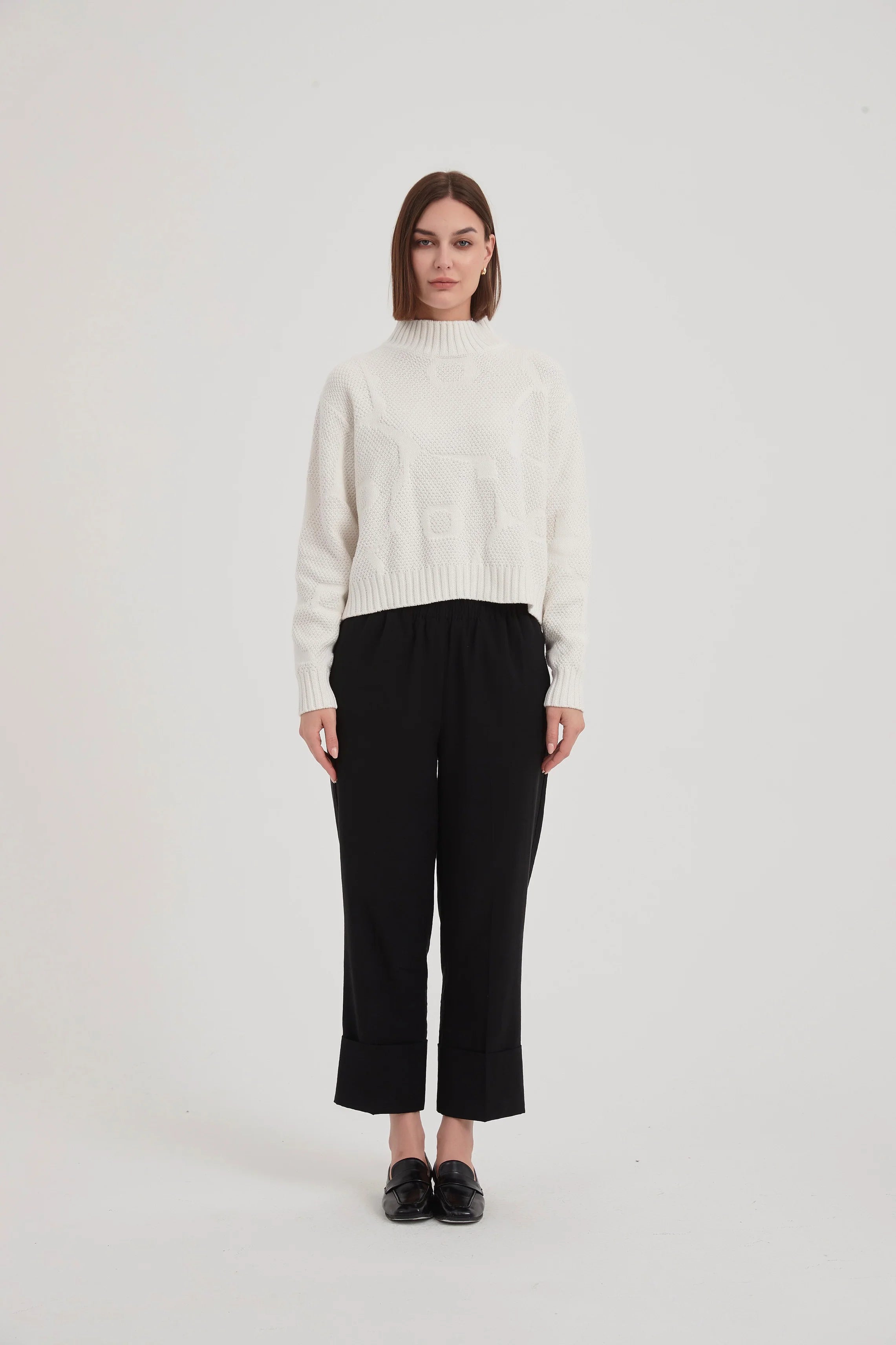 TIRELLI COTTON JACQUARD KNIT CROPPED SWEATER IVORY