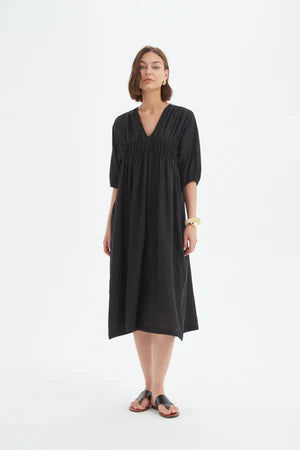 TIRELLI LINEN PUFF SLEEVE GATHER FRONT DRESS BLACK