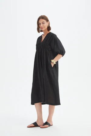 TIRELLI LINEN PUFF SLEEVE GATHER FRONT DRESS BLACK