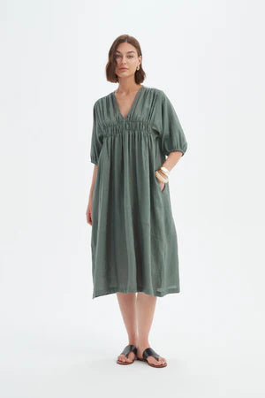 TIRELLI LINEN PUFF SLEEVE GATHER FRONT DRESS PETROL