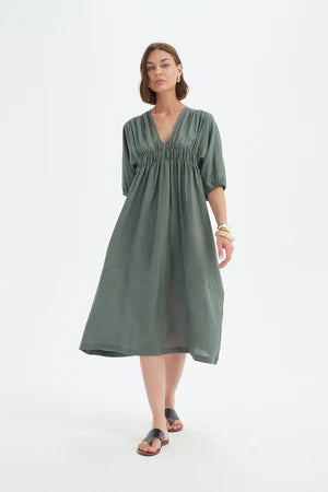 TIRELLI LINEN PUFF SLEEVE GATHER FRONT DRESS PETROL
